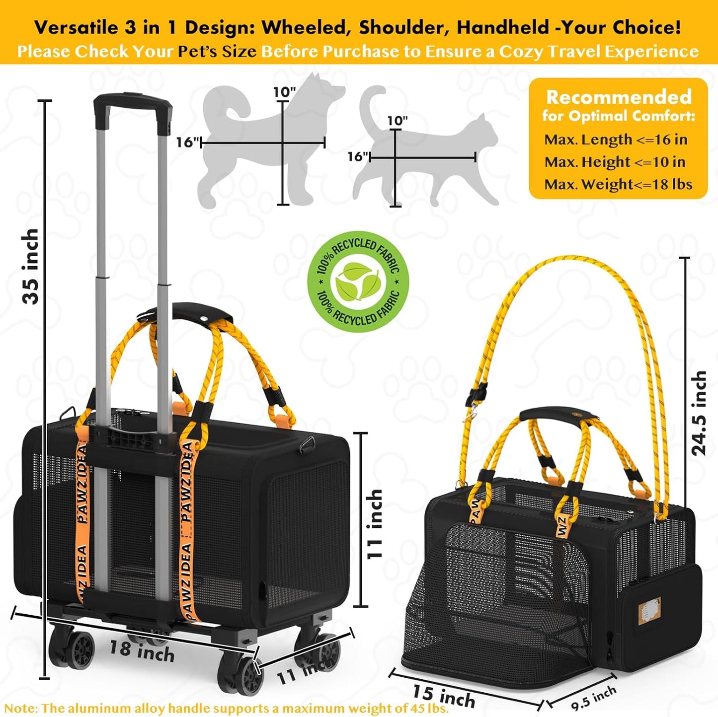 PAWZIDEA Pet Carrier with Wheels, 18x11x11 TSA Airline Approved Cat Carrier for 2 Cats Under Seat, Expandable Soft-Sided Rolling Dog Carriers for Small Dogs Travel Bag with Telescopic Handle, Black