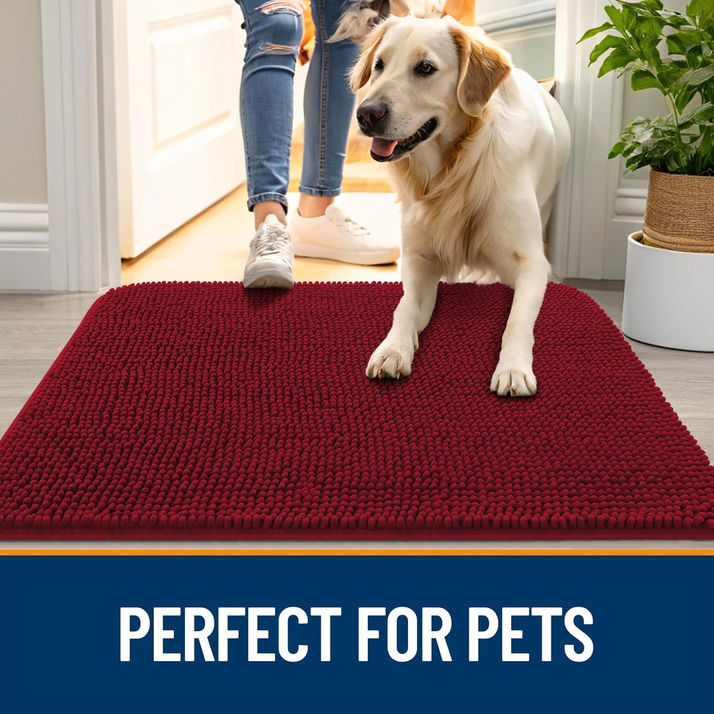 OLANLY Dog Door Mat for Muddy Paws 40x32, Absorbs Moisture and Dirt, Absorbent Non-Slip Washable Doormat, Quick Dry Chenille Mud Mat for Dogs, Entry Indoor Entryway Carpet for Inside Floor, Red