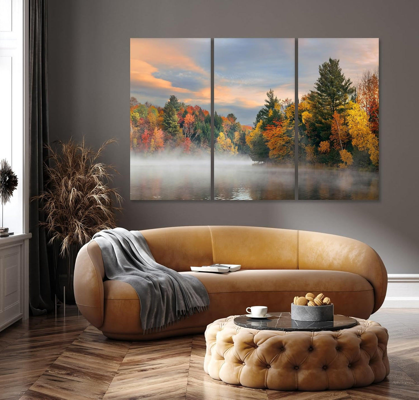 Nature Wall Art Prints - Ocean Forest Mountain Lake Canvas Landscapes - Small to Extra Large Living Room Bedroom Kitchen Bathroom Décor (Misty Fall Reflection, 47L" x 71W" - 3 panels)