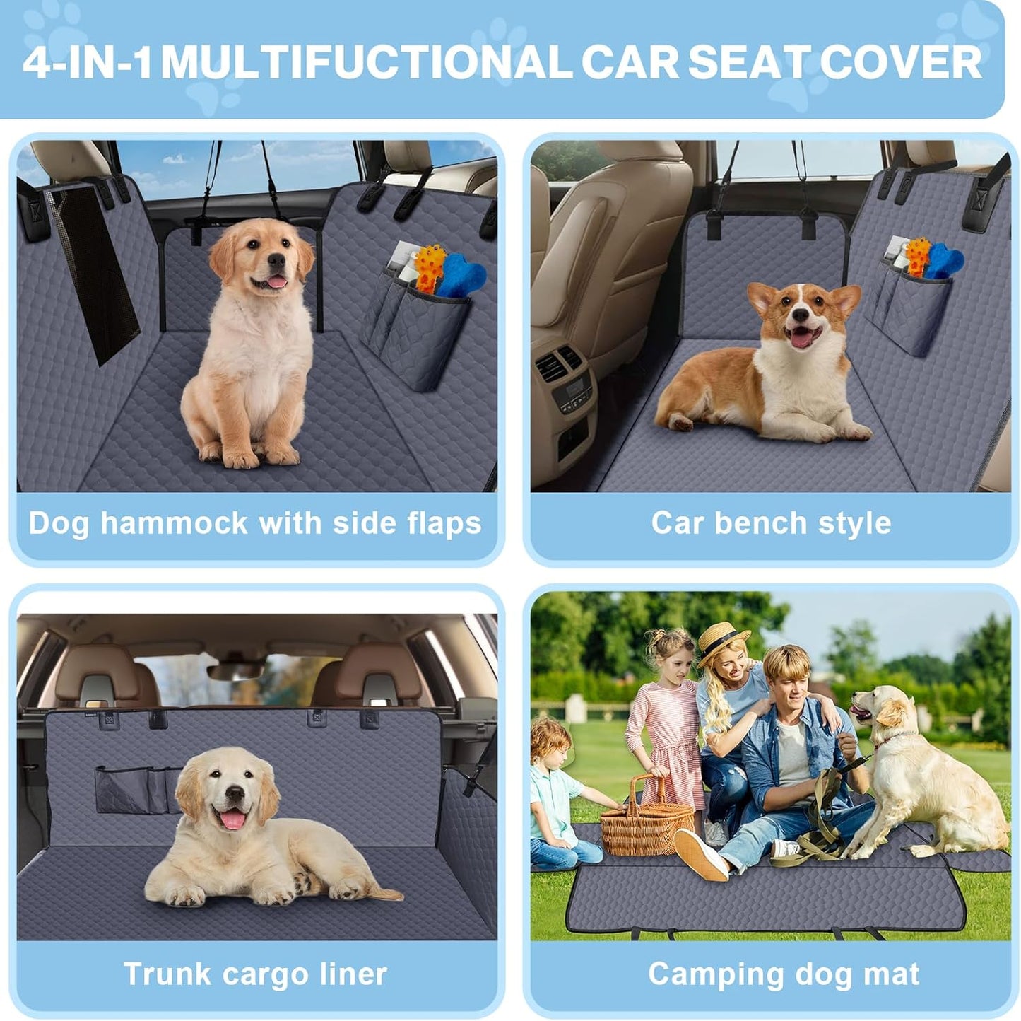 Dog Car Seat Cover for Back Seat, Waterproof Protector with Side Flaps, Scratchproof Hammock, Non-Slip Bottom for Cars/Trucks/SUVs (Grey)