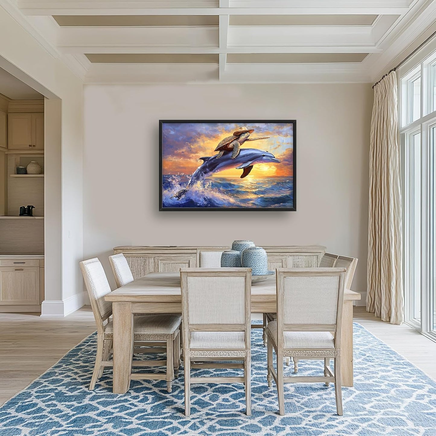 Large Funny Sea Turtle Wall Art for Living Room, Framed Oversized Ocean Dolphin Wall Decor Sunset Nautical Canvas Painting Modern Artwork Home Decoration for Bedroom Office 36"x24"