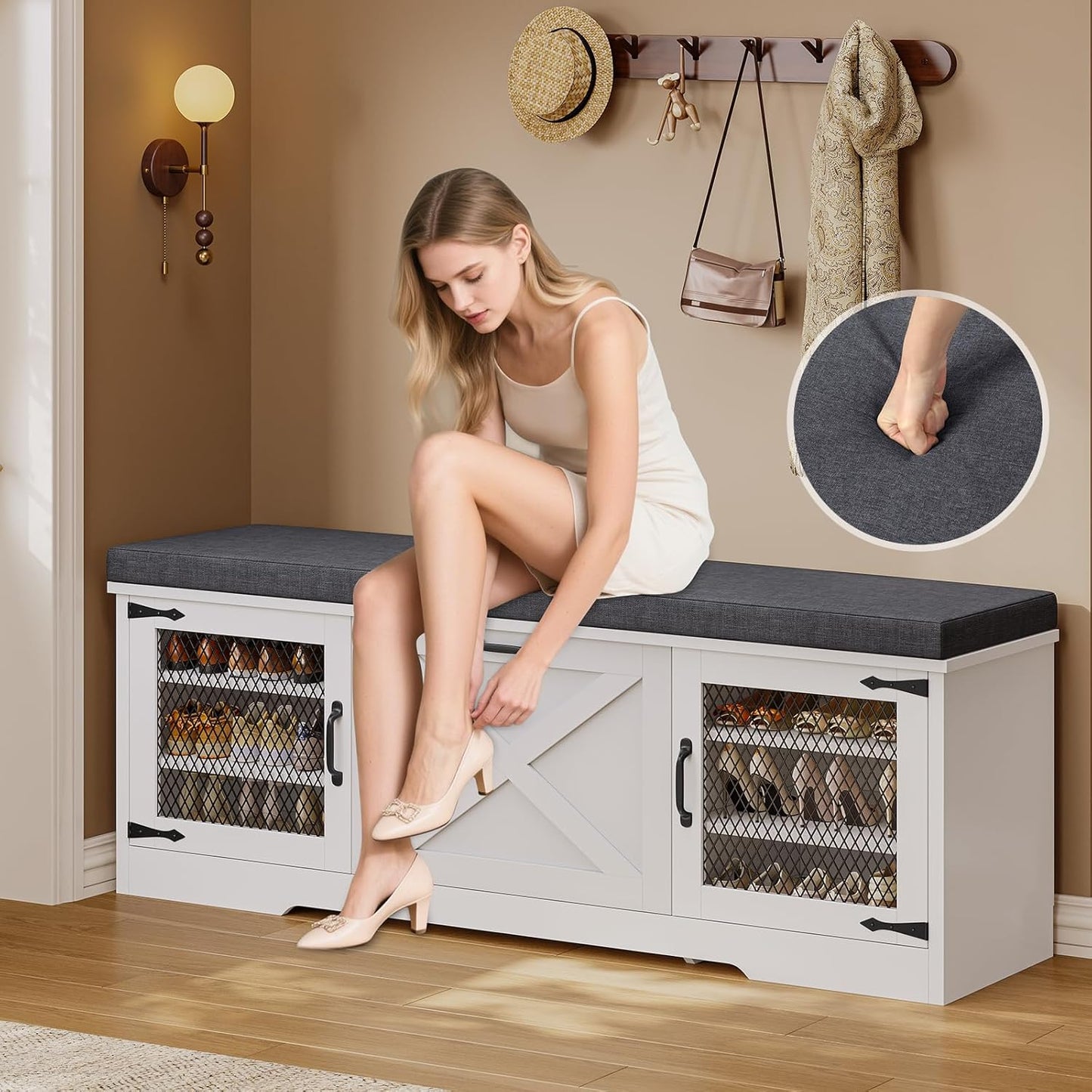 Farmhouse Storage Bench with Flip Drawers & Padded Seat Cushion, Half Hidden Shoe Rack Organizer, Adjustable Shelf Shoe Cabinet for Large Family, Entryway, Bedroom, Living Room (White)