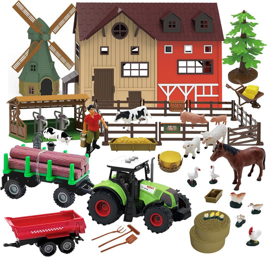 136PCS Farm Animals Toys Set Comes with Barn, Tractor Trailer, Milking shed, Windmill, Farmer, Fence - Playset for Kids Toddlers Boys Girls 5+ Years Old