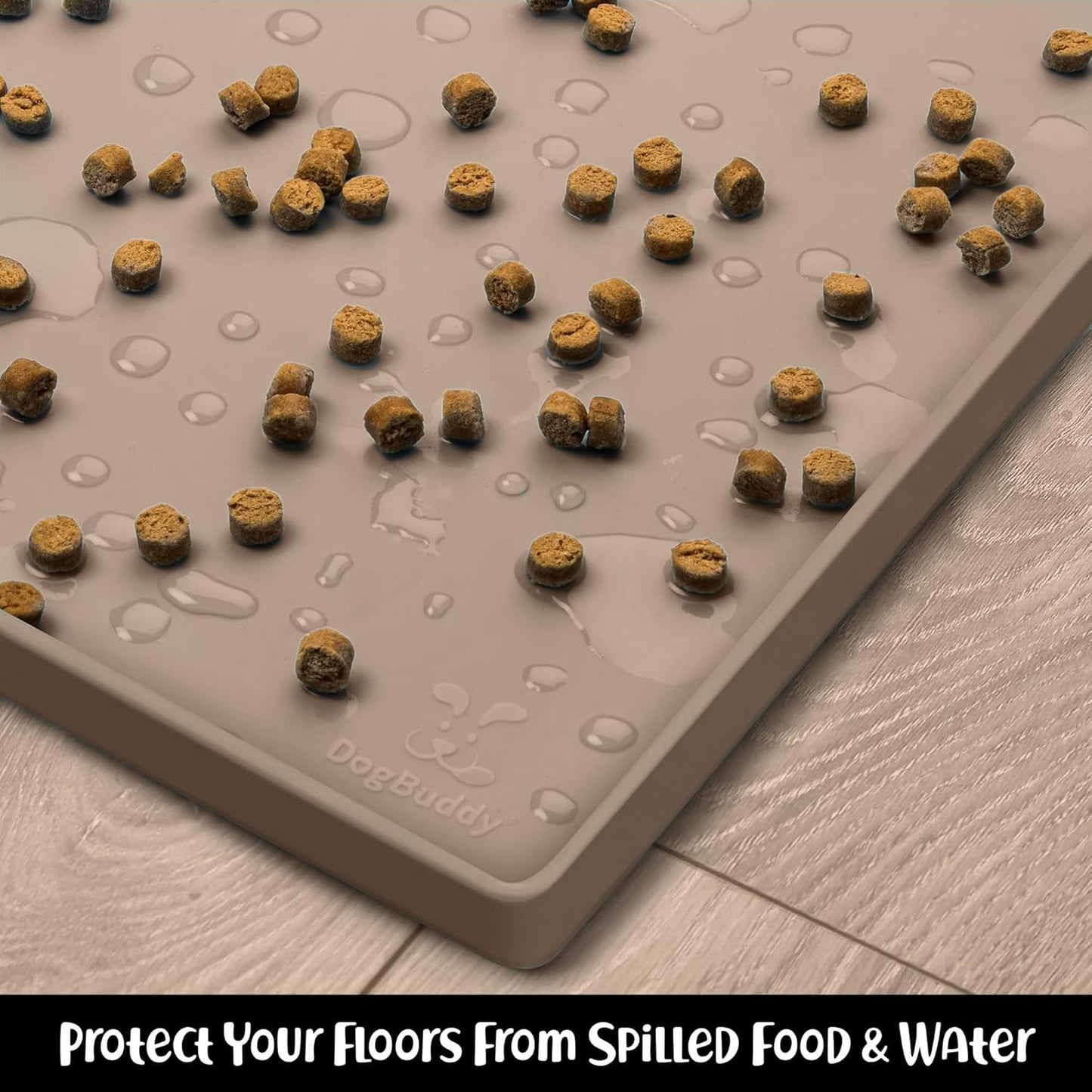 DogBuddy Dog Food Mat – Waterproof Dog Bowl Mat for Food and Water, Silicone Pet Feeding Mats for Floors, Non-Slip Placemat with High Edges for Dogs Bowls, Puppy Essentials (M: 21” x 14”, Taupe)