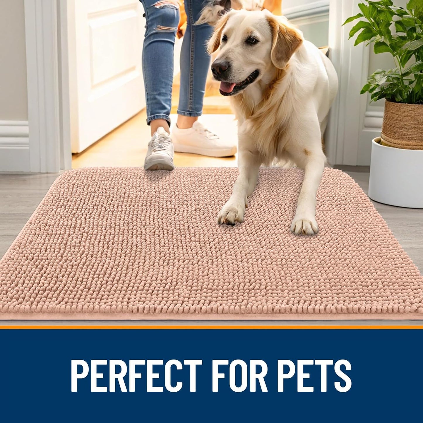 OLANLY Dog Door Mat for Muddy Paws 59x20, Absorbs Moisture and Dirt, Absorbent Non-Slip Washable Doormat, Quick Dry Chenille Mud Mat for Dogs, Entry Indoor Entryway Carpet for Inside Floor, Peach