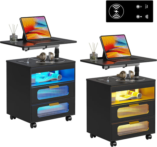 HNEBC Nightstand Set of 2, LED Nightstand with Wireless Charging Station/USB Ports,Smart Nightstand Has Adjustable Rotary Workstation with 2 Drawers,Modern Bedside Table for Bedroom Furniture(Black)