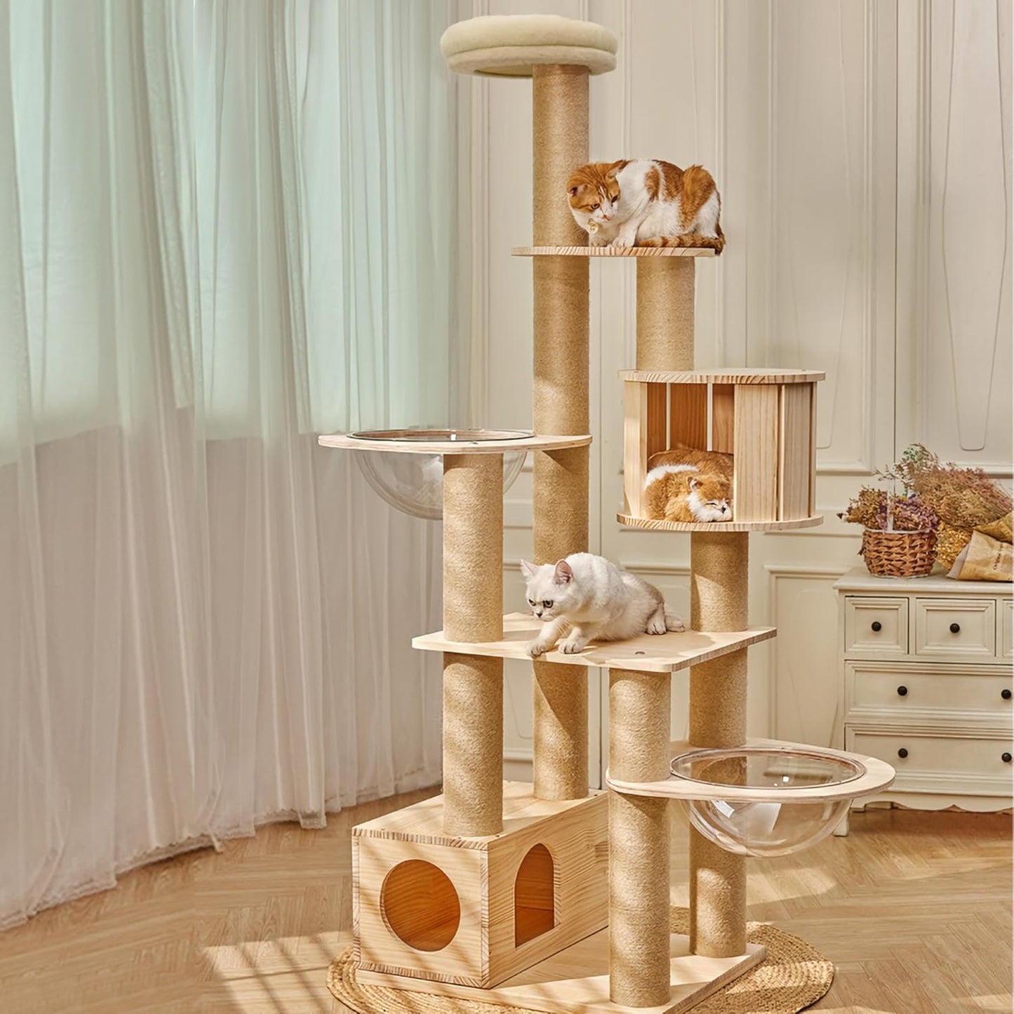 Modern Multi-Level Large Real Solid Wood Cat Tree, Luxury Wooden Cat Tower Cat Condo with Multi-Layer Platform for Indoor Cats