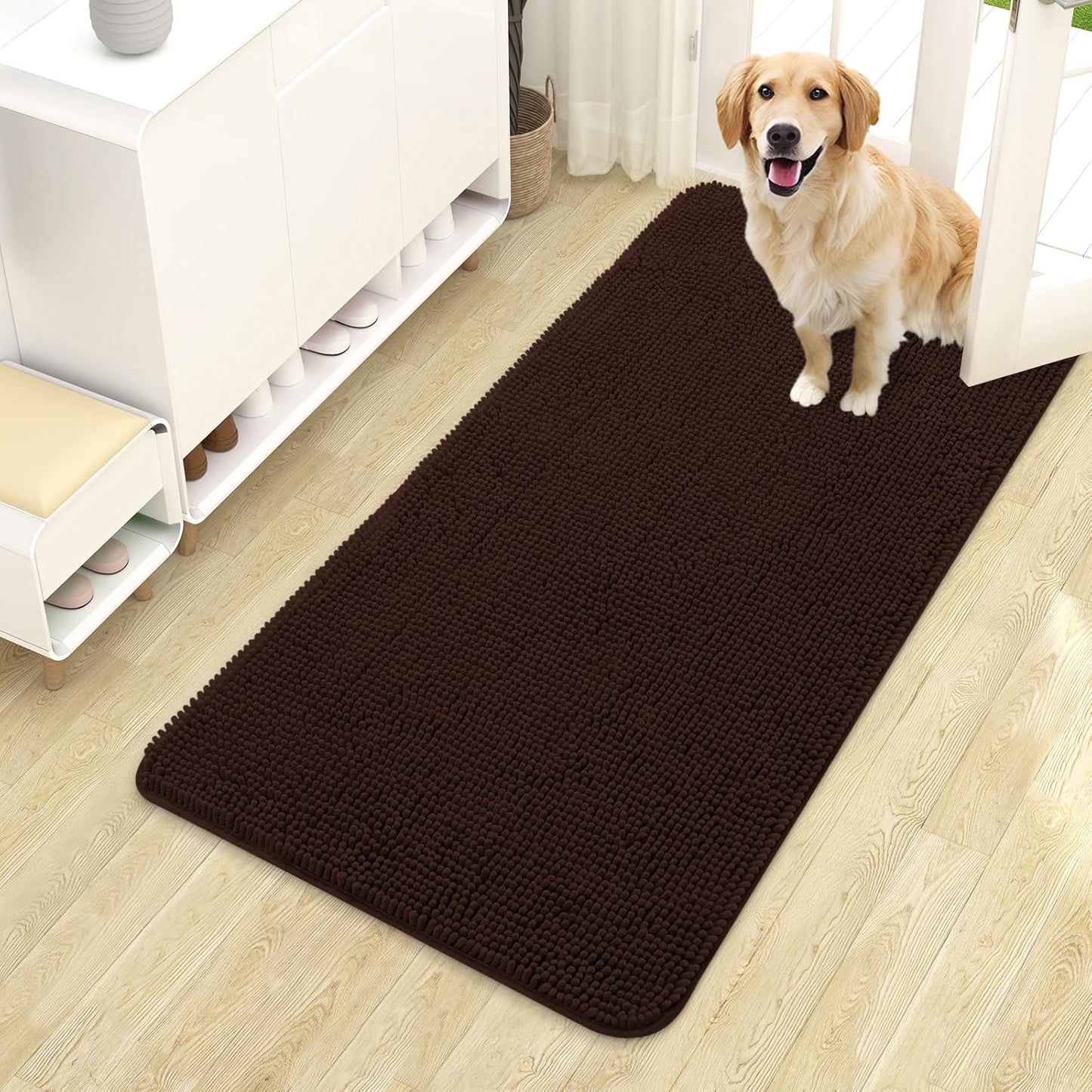 OLANLY Dog Door Mat for Muddy Paws 44x24, Absorbs Moisture and Dirt, Absorbent Non-Slip Washable Doormat, Quick Dry Chenille Mud Mat for Dogs, Entry Indoor Entryway Carpet for Inside Floor, Brown