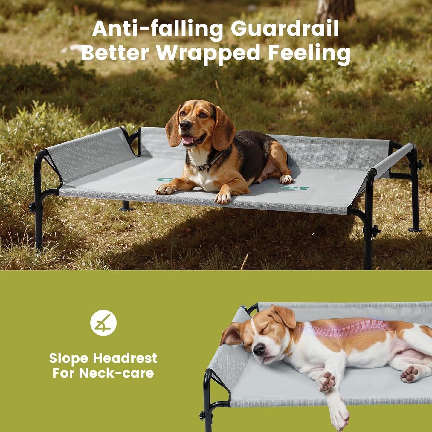Gardner Pet Elevated Dog Bed for Small Dog, Outdoor Raised Bed Waterproof Portable Cooling Pet Cot Hammock Bed with 3-Sided Guardrail, Breathable Mesh, Grey, 35 Inches