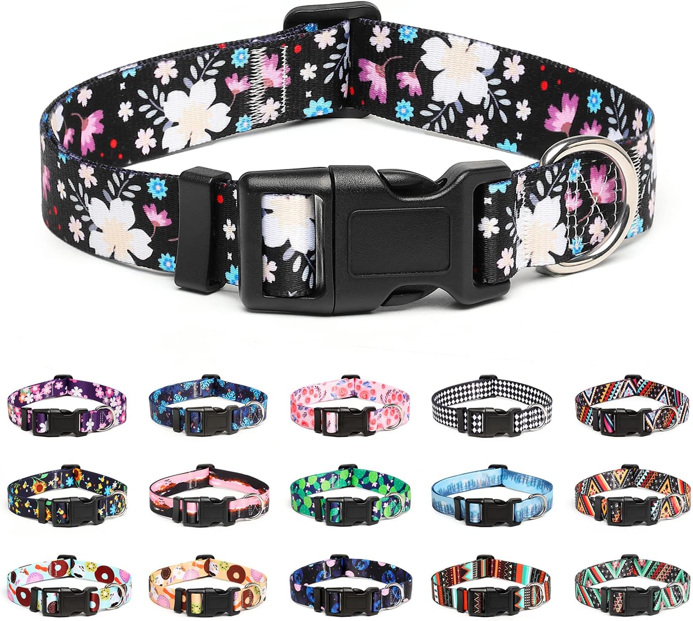 Mercano Adjustable Dog Collar - Special Design Patterns, Soft Nylon Comfortable Durable Pet Collar for Small Medium Large Dogs (XS, Floral White)