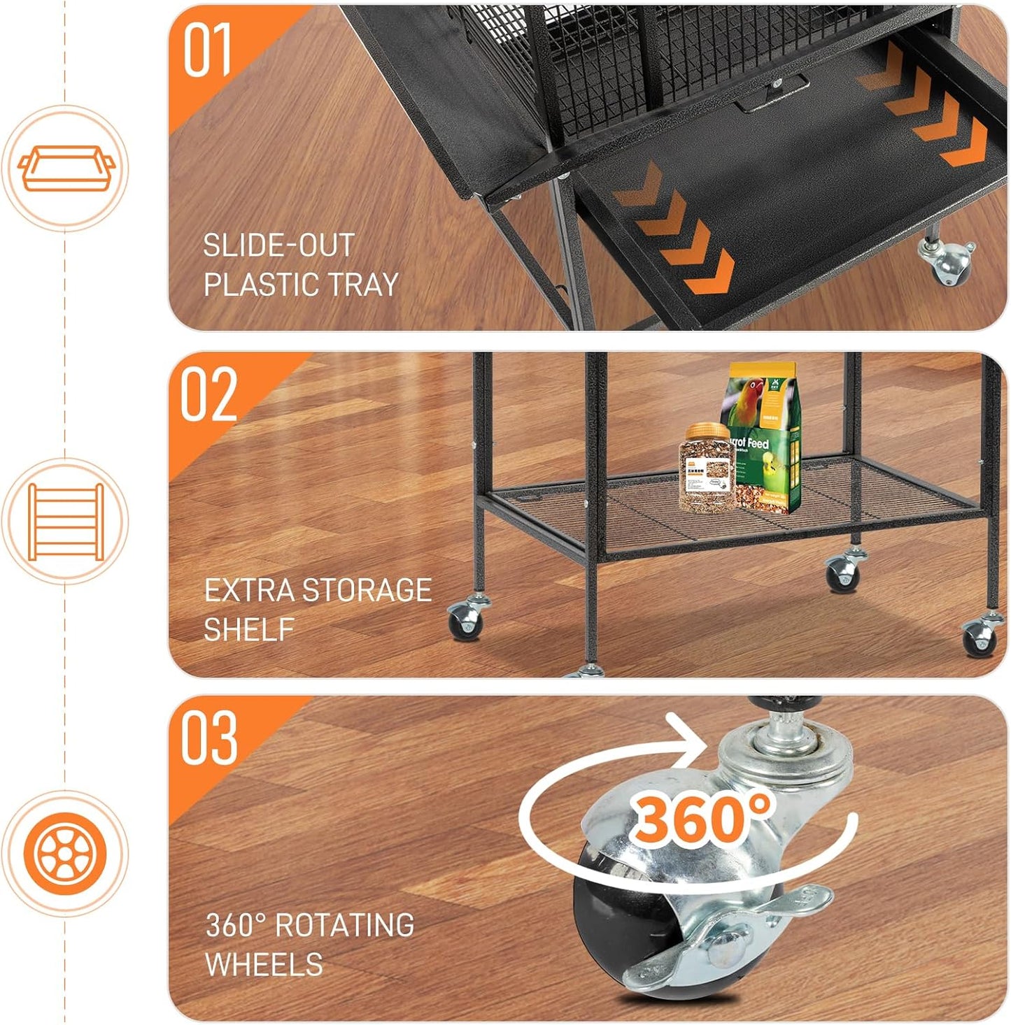 VINGLI 65-Inch Wrought Iron Bird Cage with Playtop | Durable Large Flight Cage with Ladder & Rolling Stand for Parrots, Cockatiels, Budgies, Lovebirds, Small/Medium Birds