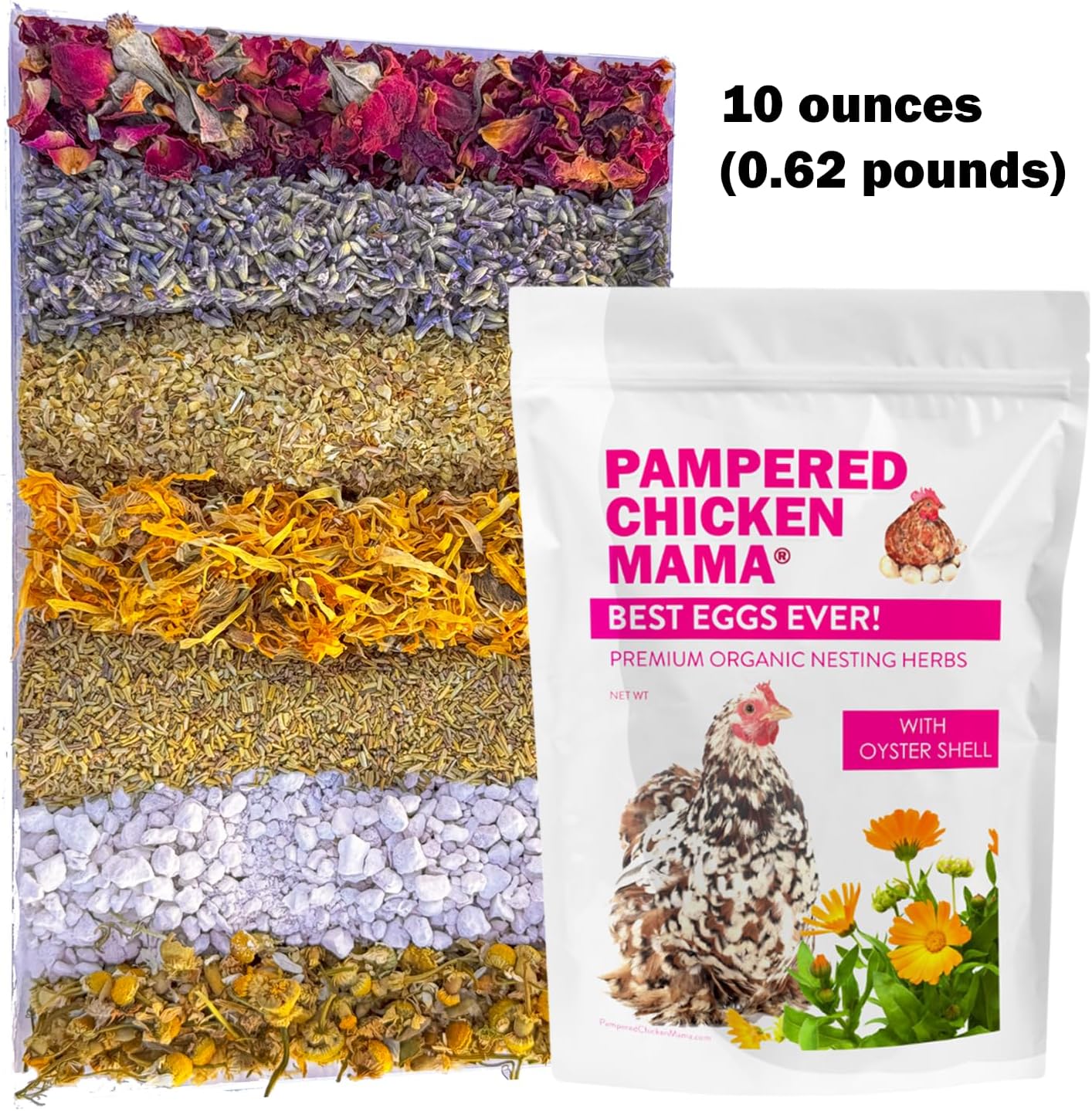Pampered Chicken Mama Best Eggs Ever! Nesting Herbs for Chickens (10 Ounces) Calcium Supplement for Chickens | Chicken Feed Supplies, Hen Treats for Coops