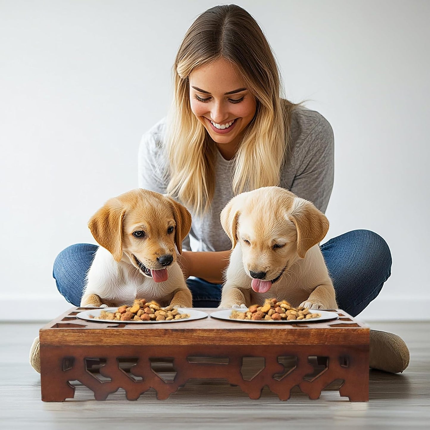 Elevated Pet Feeder for Dogs and Cats - Hand Carved Wood Bones Raised Dog Bowl Stand - Pet Feeding Stand with Two Steel Bowls - Raised Dog Bowl for Food Water - Pet Feeding Station -17x11x4- IRONGATE