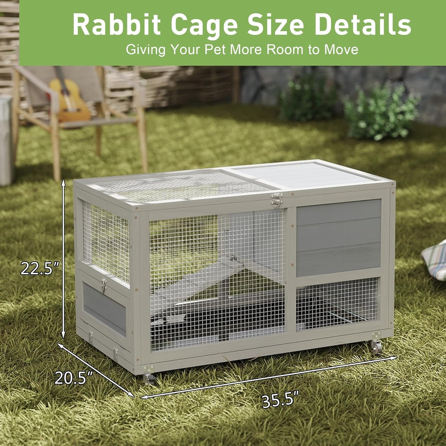 COZIWOW Wooden 36Inches Rabbit Hutch Outdoor with Wheels Bunny Cage Indoor Rabbit Cage with Clean Tray, Openable Roof, Anti-Slip Ramp for Small Bunny (Grey with Pattern)