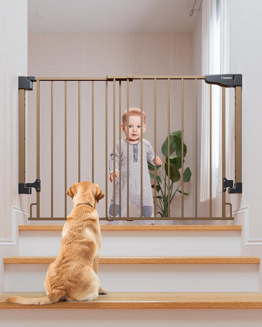 Cumbor 29.2-43" No Bottom Bar Baby Gate for Stairs, 2-in-1 Hardware Mounted Dog Gate Indoor, Pet Gate for Doorways with Large Walk Thru Door, Child-Proof Safety Gate for Top & Bottom of Stairs (Brown)