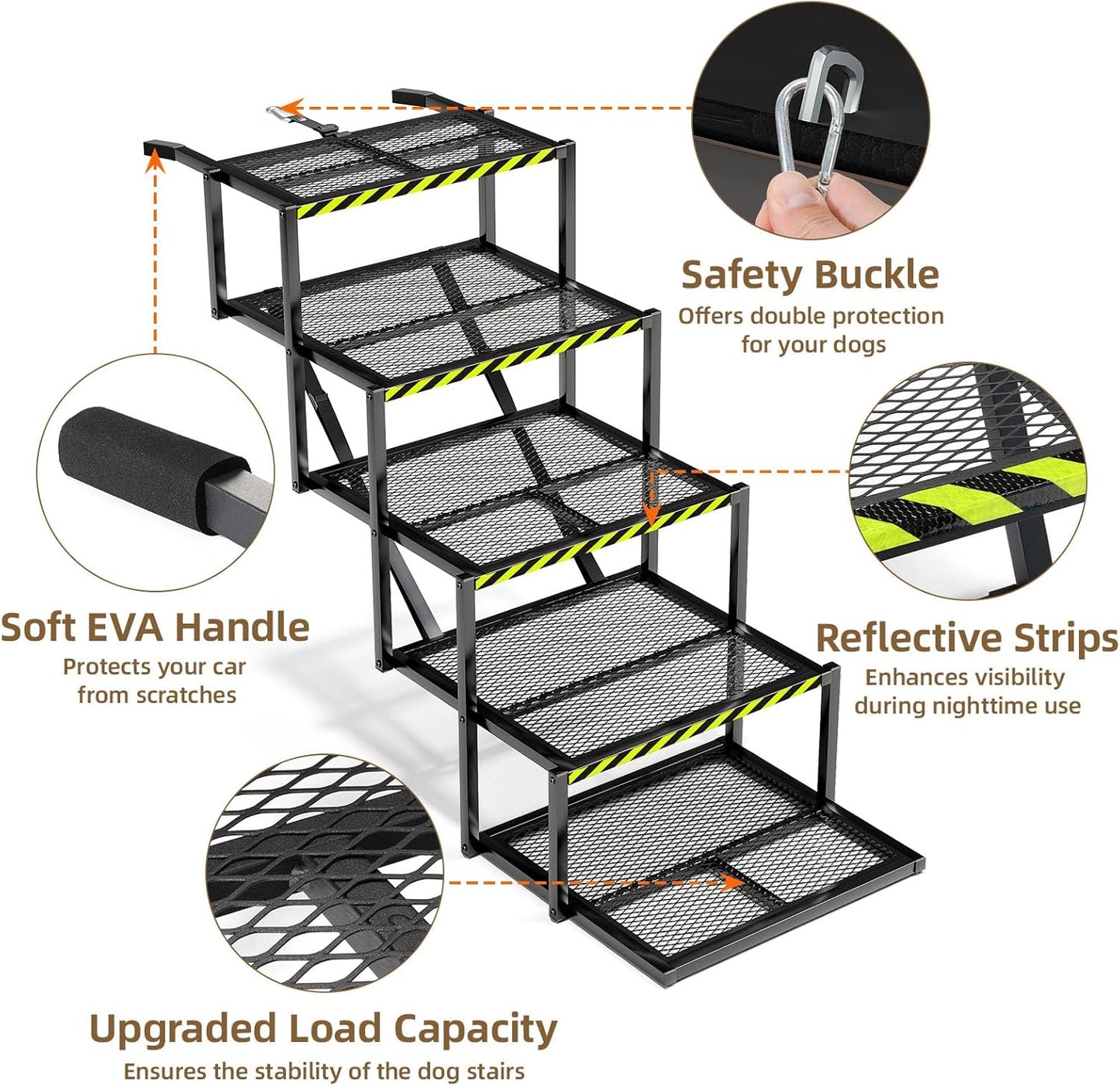 Dog Stairs for Large Dogs, Linvivon Extra Wide 20" Dog Steps with Non-Slip Surface and Reflective Strips, Outdoor Foldable Dog Ramp for Stairs, Car, Truck and SUV, Supports Up to 400LBS, 5 Steps