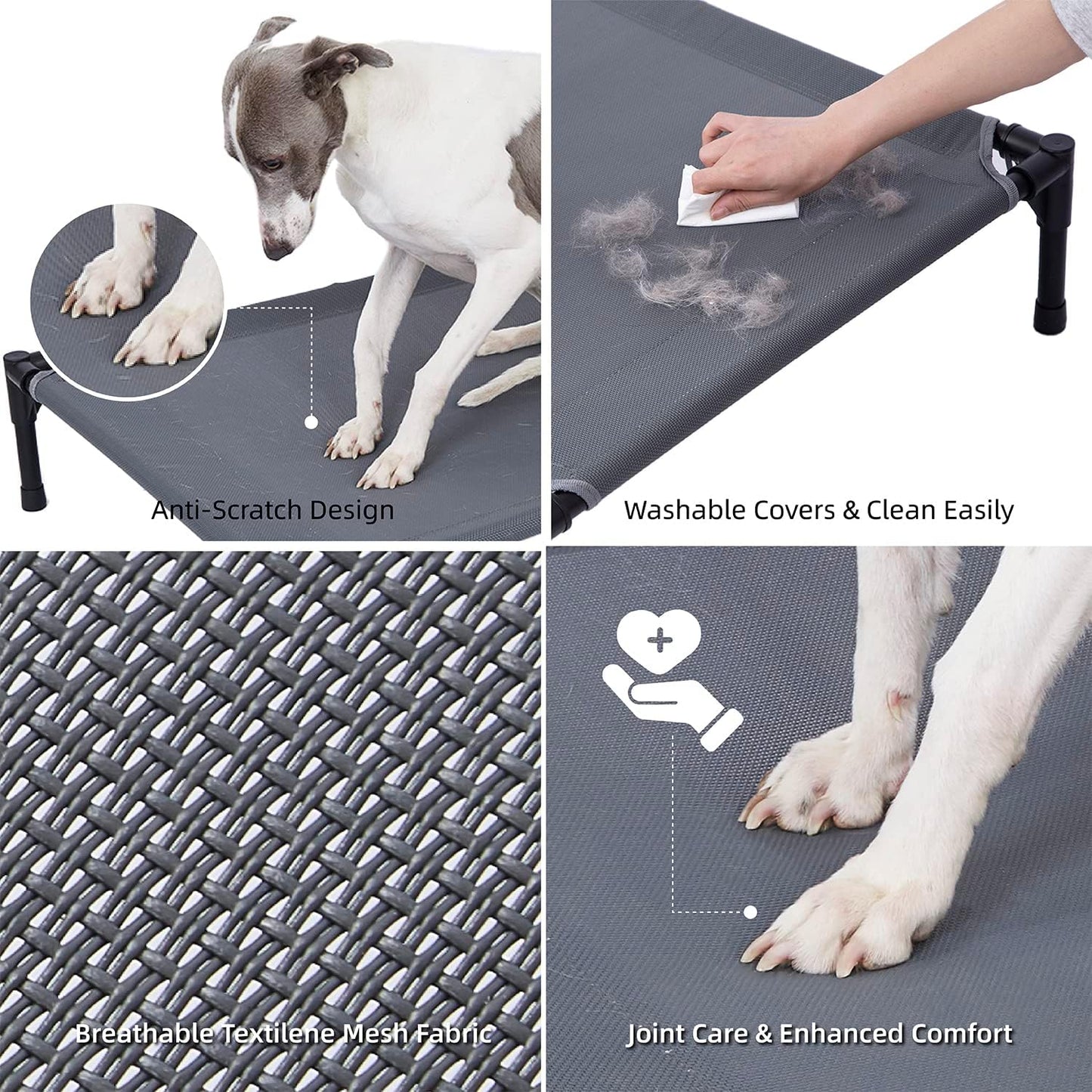 pettycare Elevated Outdoor Dog Bed - Raised Cot for Large Dogs, Heavy Duty Pet Cots Waterproof, Cooling, Washable Breathable Teslin Mesh, Durable, Non Slip, 42 Inches, Grey