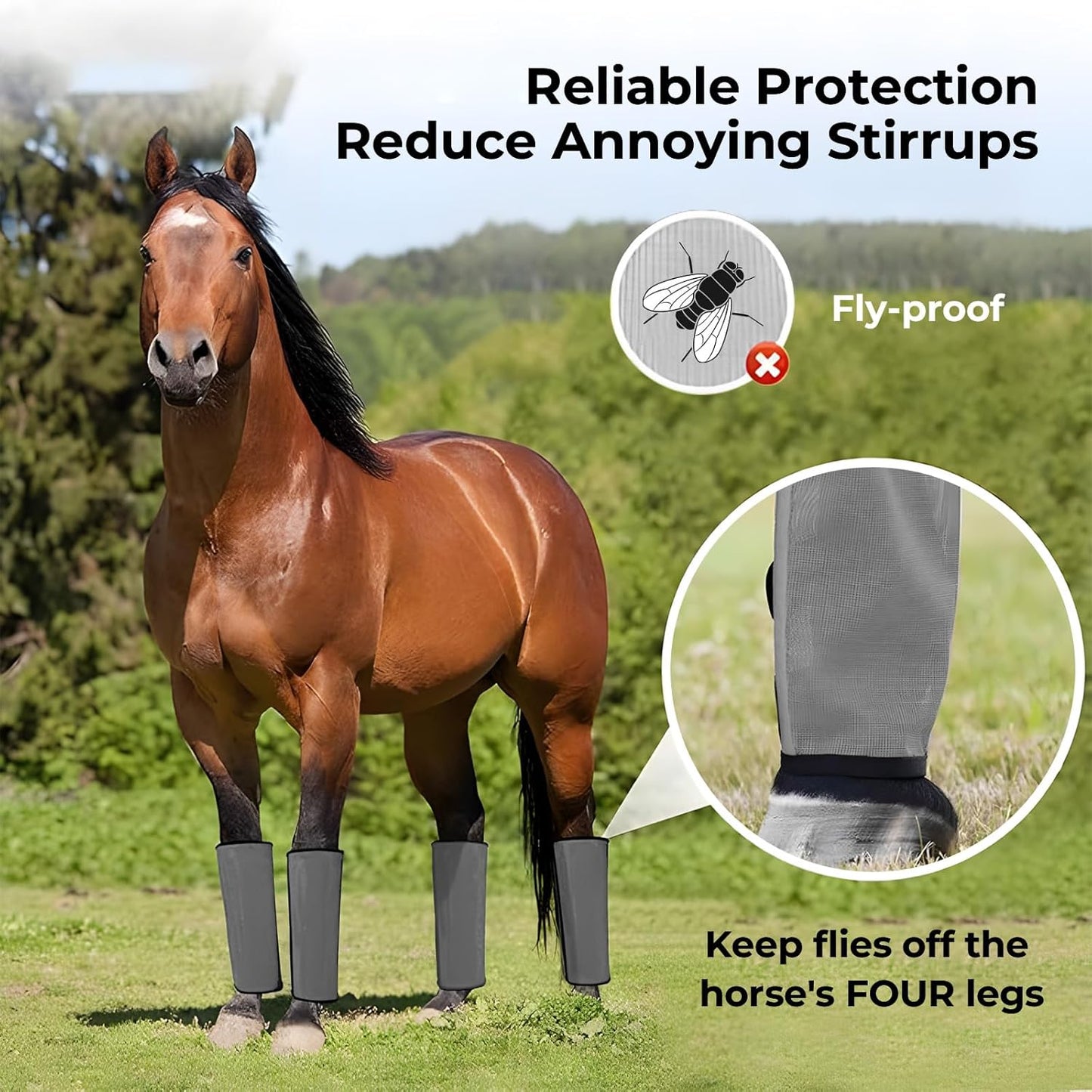 Mesh Horse Fly Boots Set of 4，Adjustable and Universal Loose Fitting & Non-Slip Horse Fly Leggings for Horses,Reduce Stressful Stomping (Grey)