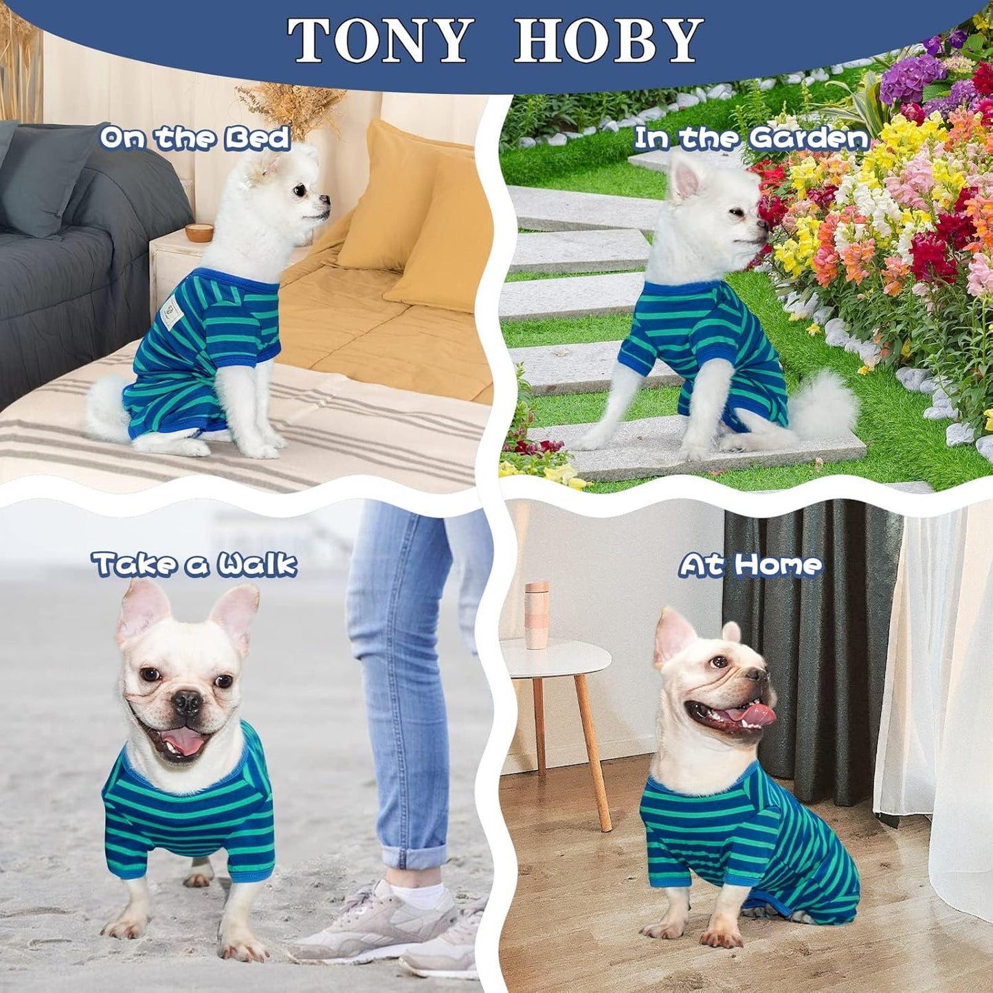 TONY HOBY Dog Pajamas for Medium Small Dogs, Dog Jumpsuit with Stripes 4 Legged Pajamas, Soft Dogs Pet Clothes (Blue&Green, Girl, S)