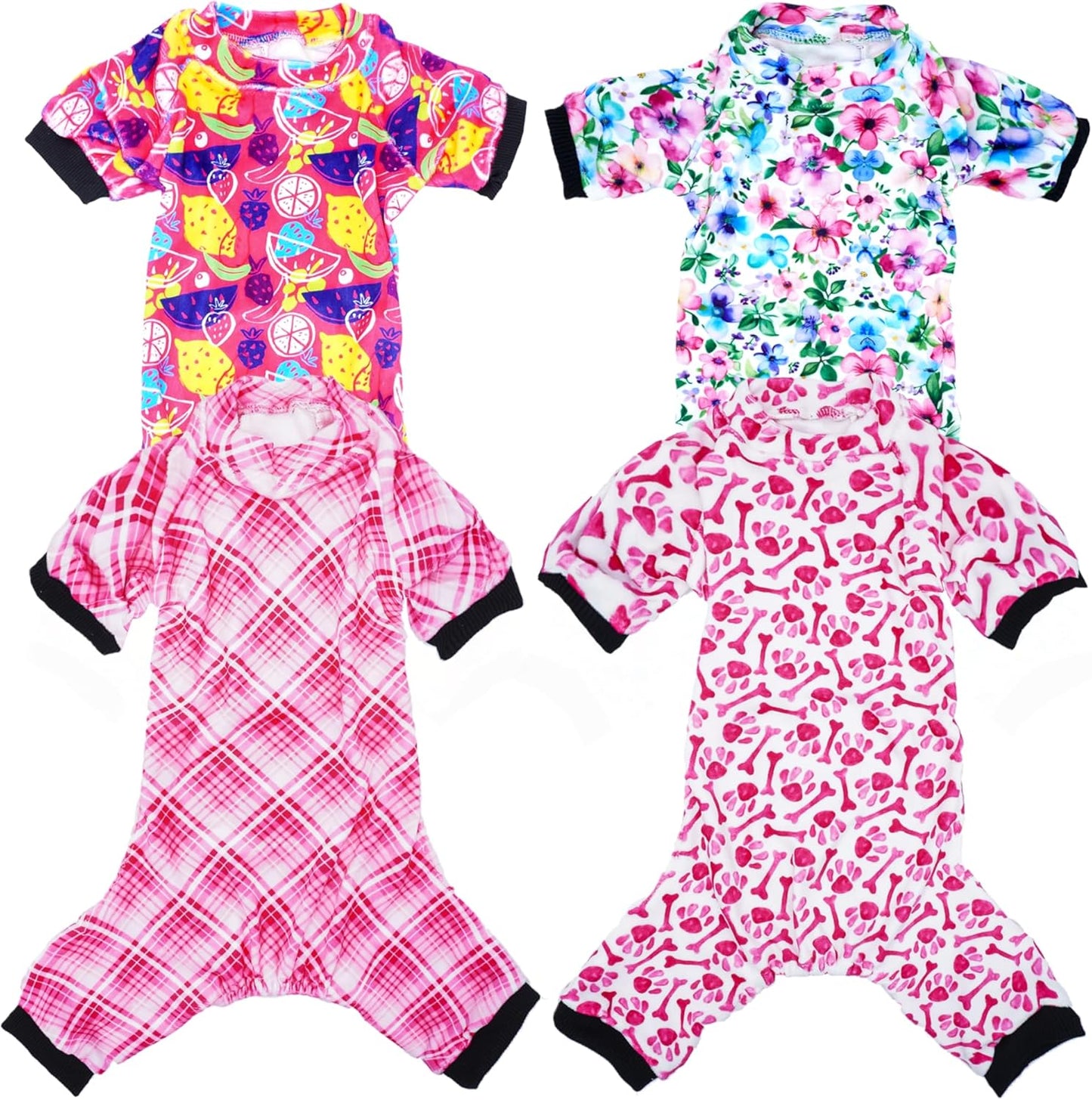 PET SHOW 4 Pack Small Dog Pajamas Cute Paw Bone Clothes for Medium Dogs Soft Stretchy PJs Plaid Jumpsuit Puppy Cats Floral Fruits Onesies Outfits with Sleeve Pets Dachshund Costume(S, Pink for Girls)