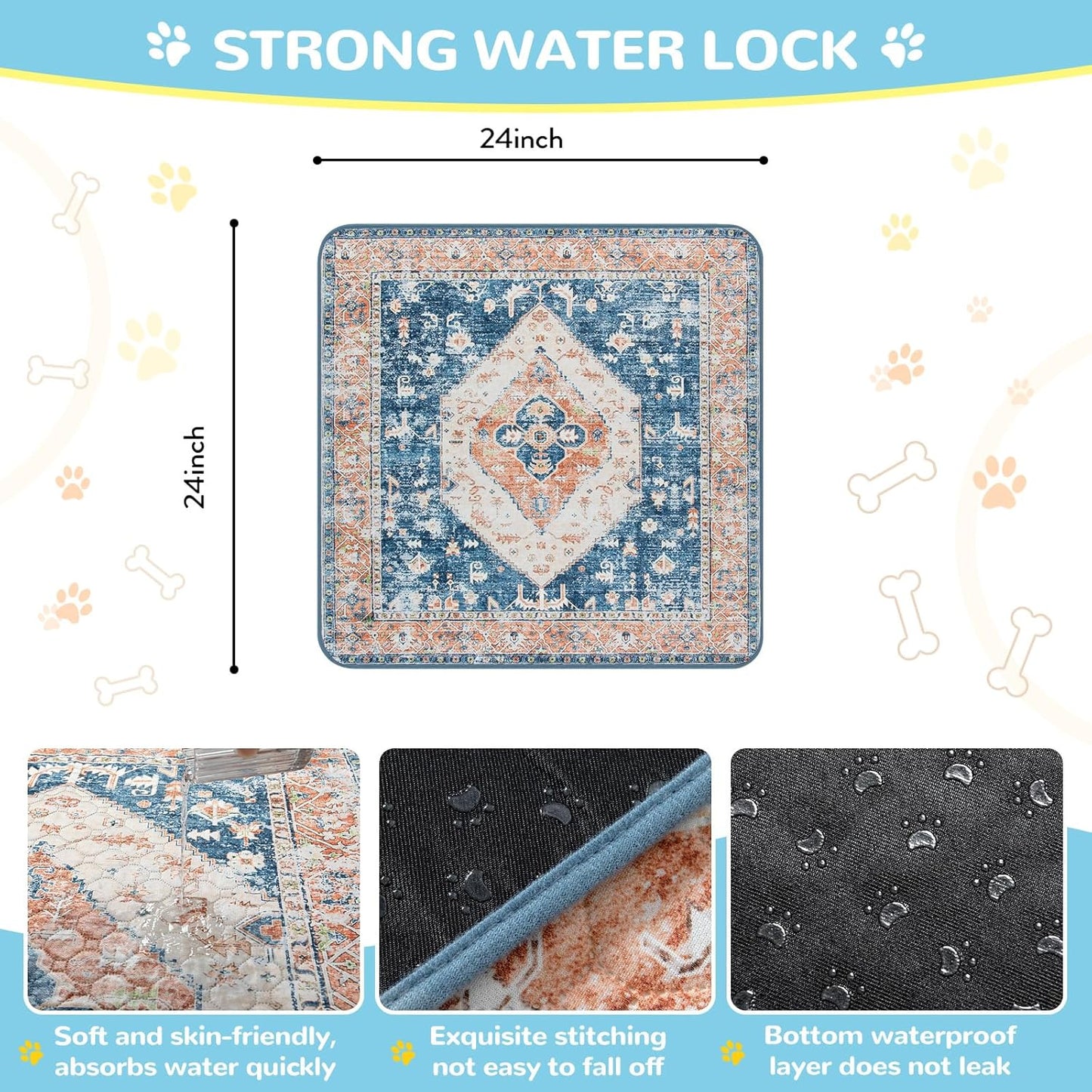 Lahome Super Absorbent & Leakproof Washable Dog Pee Pads - 2 Pack Value Set - Waterproof, Non-Slip Reusable Pads for Puppy Training, Crates & Whelping (24"x24", Beige Blue)