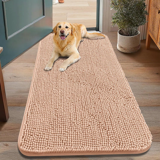Smiry Dog Door Mat for Muddy Paws 48x30, Absorbs Moisture and Dirt Doormat, Non-Slip Washable Quick Dry Chenille Front Door Mat Indoor Entrance, Entryway Carpet for Inside Floor, Peach