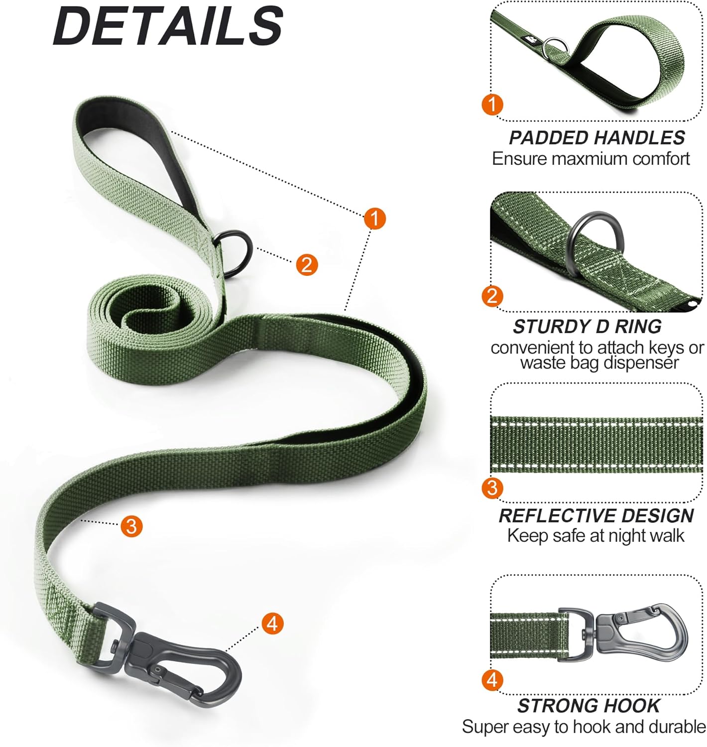 TwoEar 5FT 1IN Strong Green Dog Leash with 2 Padded Handles, Traffic Handle Extra Control, Comfortable Soft Dual Handle, Auto Lock Hook, Reflective Walking Lead for Small Medium and Large Dogs