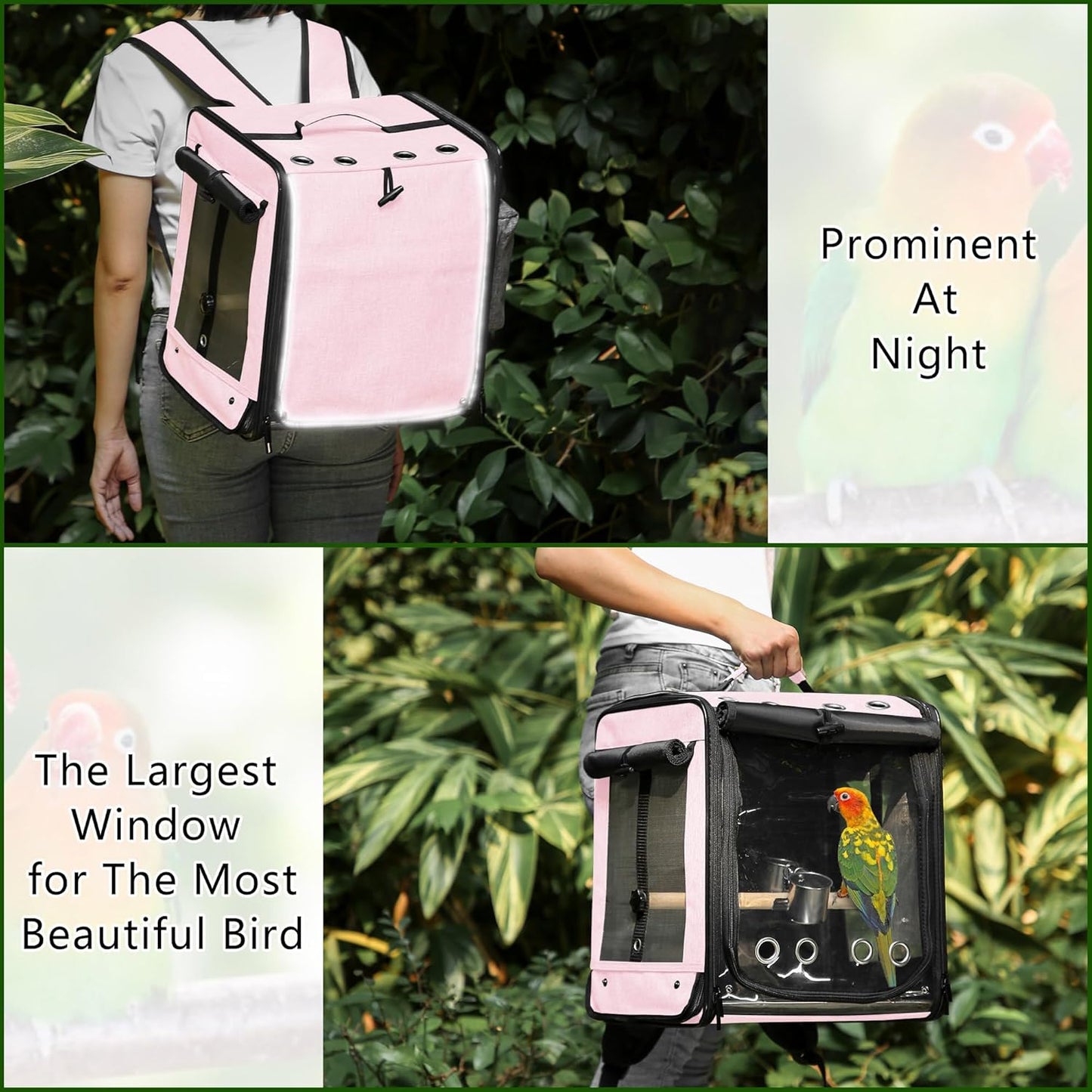 Suertree Bird Carrier with Seat Belt for Car Travel, Bird Backpack Carrier with Indestructible Stainless Steel Mesh, Large Bird Carrier Travel Cage, Pink