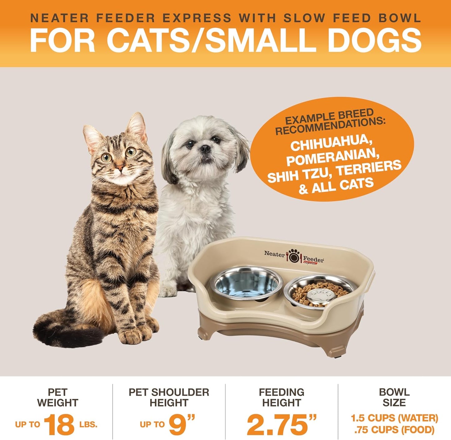 Neater Feeder Express Mess Proof Dog Bowls Elevated for Small Breeds Under 15 Lb, Made in USA, No Spill Raised Dog Food Bowl Stand, Stainless Steel Slow Feed and Standard Water Bowl Set, Cappuccino