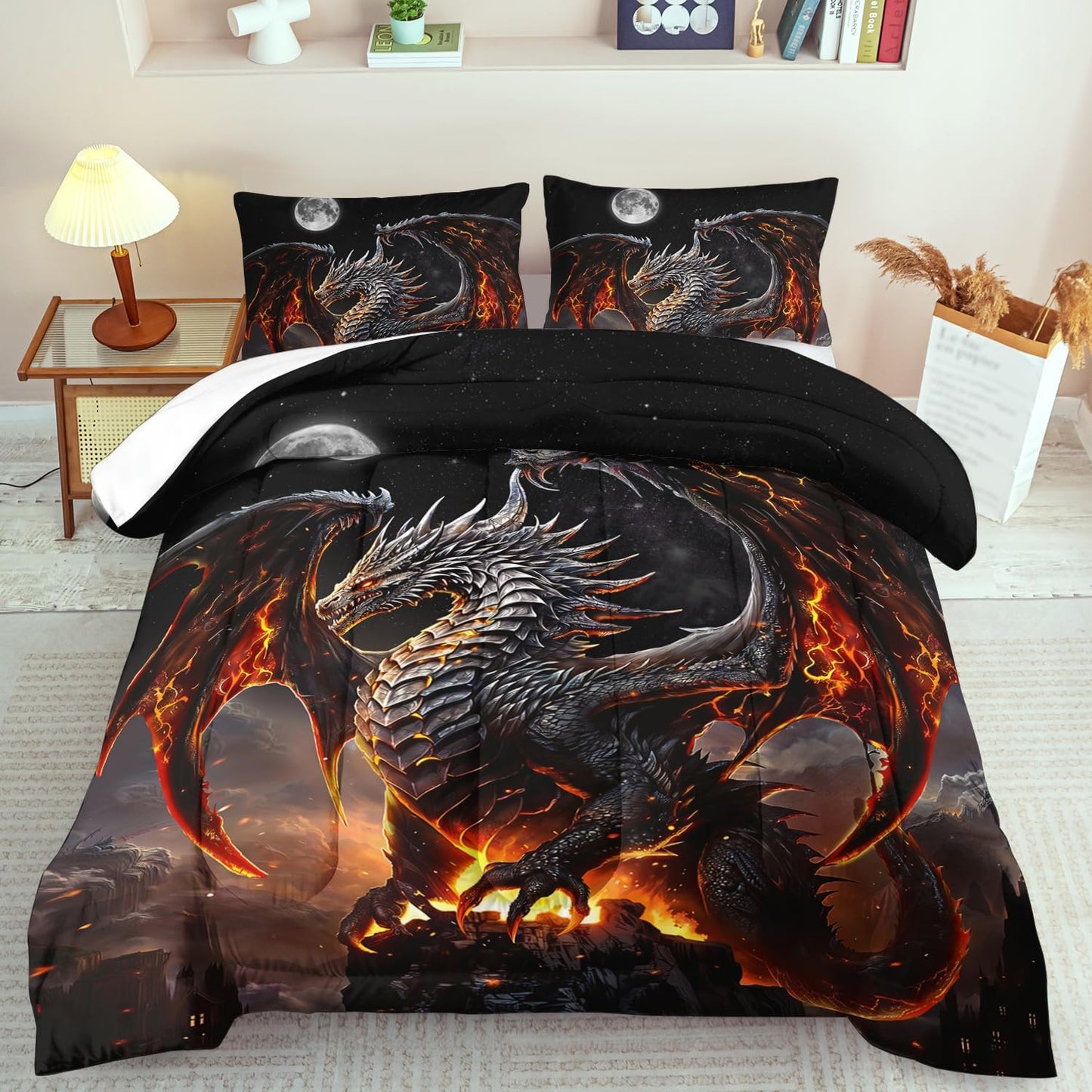 Black Dragon Comforter Set Full Adult,Flame Dragon Bedding Set for Boys,Magical Beast Bedding Fantasy Animal Comforter Beedroom Decor,Magical Beast Quilt Bed Decor