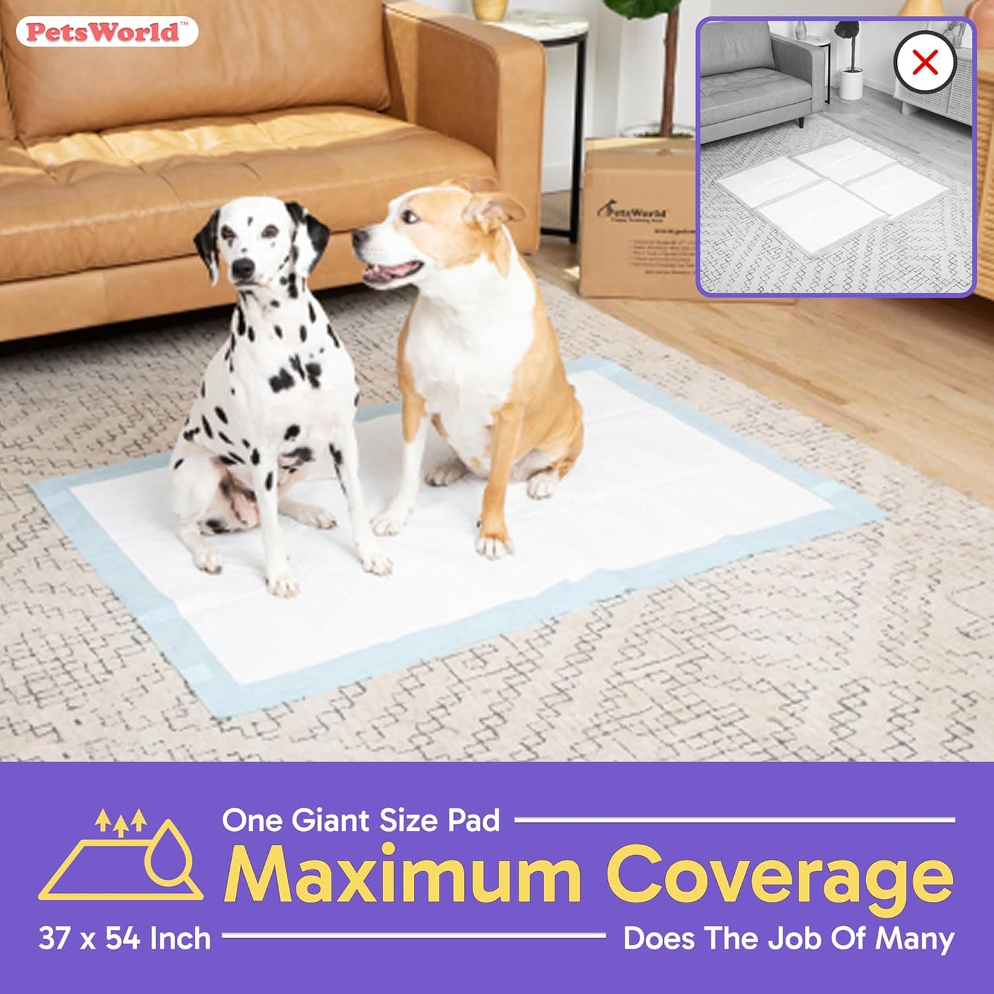 PETSWORLD Enormous Dog Training & Potty Pads, 37x54 inch - Tear Resistant with Strong Leak-Proof Backing, Optional Adhesive Tape, 200 Count