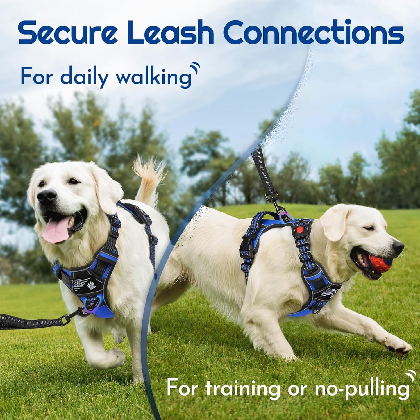 Eagloo Dog Harness for Large Dogs, Easy Wearing with 3 Buckles, Adjustable No Pull Pet Harness with 2 Rings for Walking, No Chock Reflective Soft Padded Vest with Control Handle, Blue & Black, XL