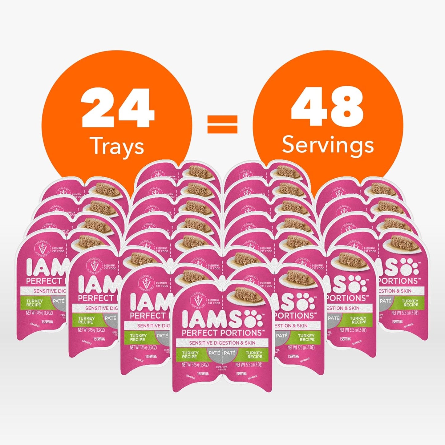 IAMS Perfect Portions Sensitive Digestion & Skin Adult Wet Cat Food Pate, Turkey Recipe, 2.6 oz. Easy Peel Twin-Pack Trays (24 Count, 48 Servings)