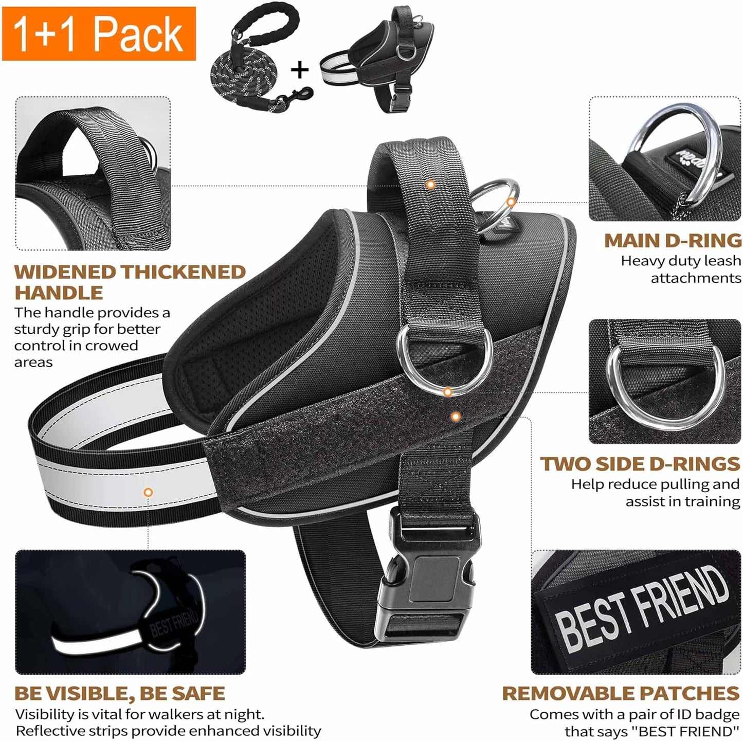 Haapaw Essential Dog Harness, No Pull Pet Vest with 3 Leash Clips, No Choke, Reflective, Adjustable and Padded, for Easy Walking and Training for Small Dogs(XS, Black)