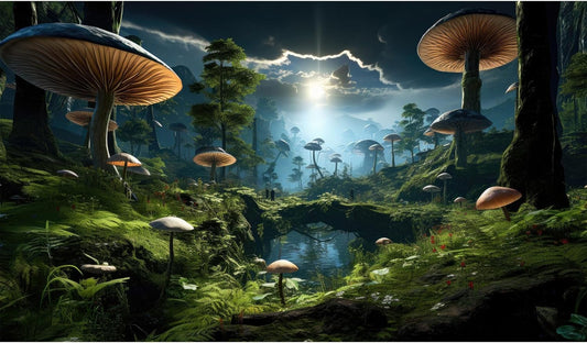 Fantasy Mushrooms Landscape Aquarium Background Tranquil Stream Cloudy Sky Terrarium Background Lush Green Tropical Plants Trees Fish Tank Backdrop Decoration Tank Background Poster 36x24in
