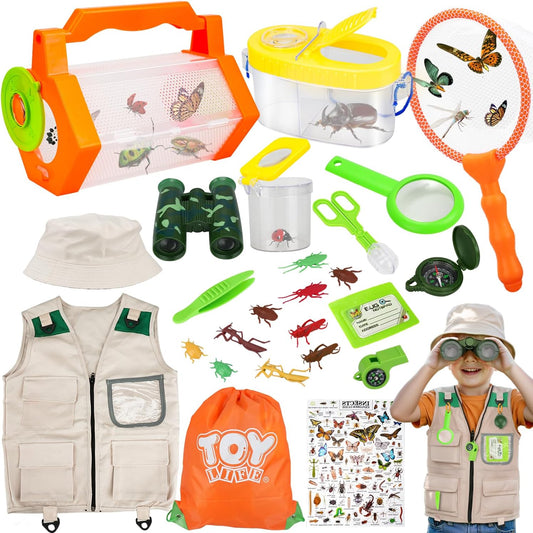 TOY Life Kids Explorer Bug Catcher Kit with Safari Costume, Binoculars Kids Outdoor Toys, Bug Toys, Butterfly Net, Camping Set Outdoor Activities Adventure Kit Nature Exploration Gifts Kid Ages 3-12