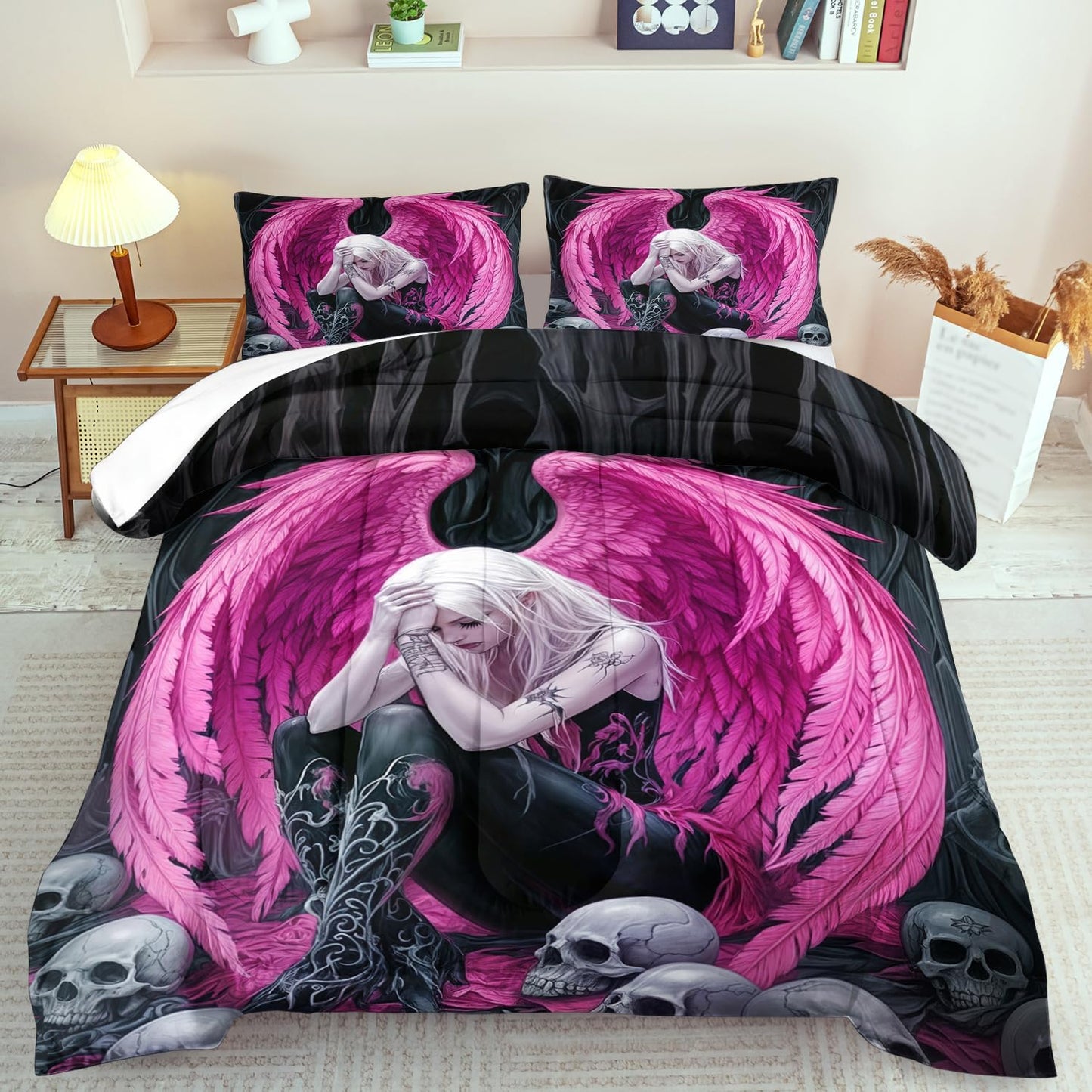 Gothic Skull Comforter Set King for Adults,Angel Wings Bedding Set Pink for Girls,Sexy Angel Comforter Bedroom Decor Teen,Gothic Skull Bedding Decor Pink Wings Quilt