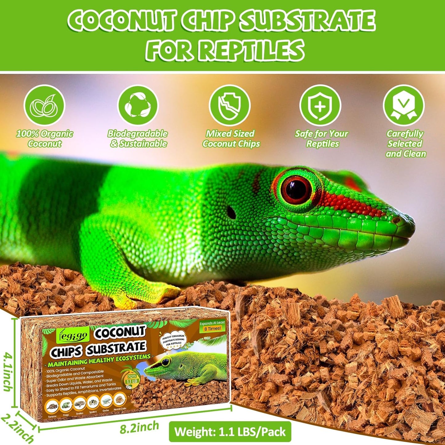 Legigo 4 Pack Coconut Chip Substrate for Reptiles, Natural Coco Husk Chip Reptiles Bedding, Compressed Coconut Chip Substrate for Snake, Tortoise, Ball Python, Gecko, Lizard Terrarium Tanks