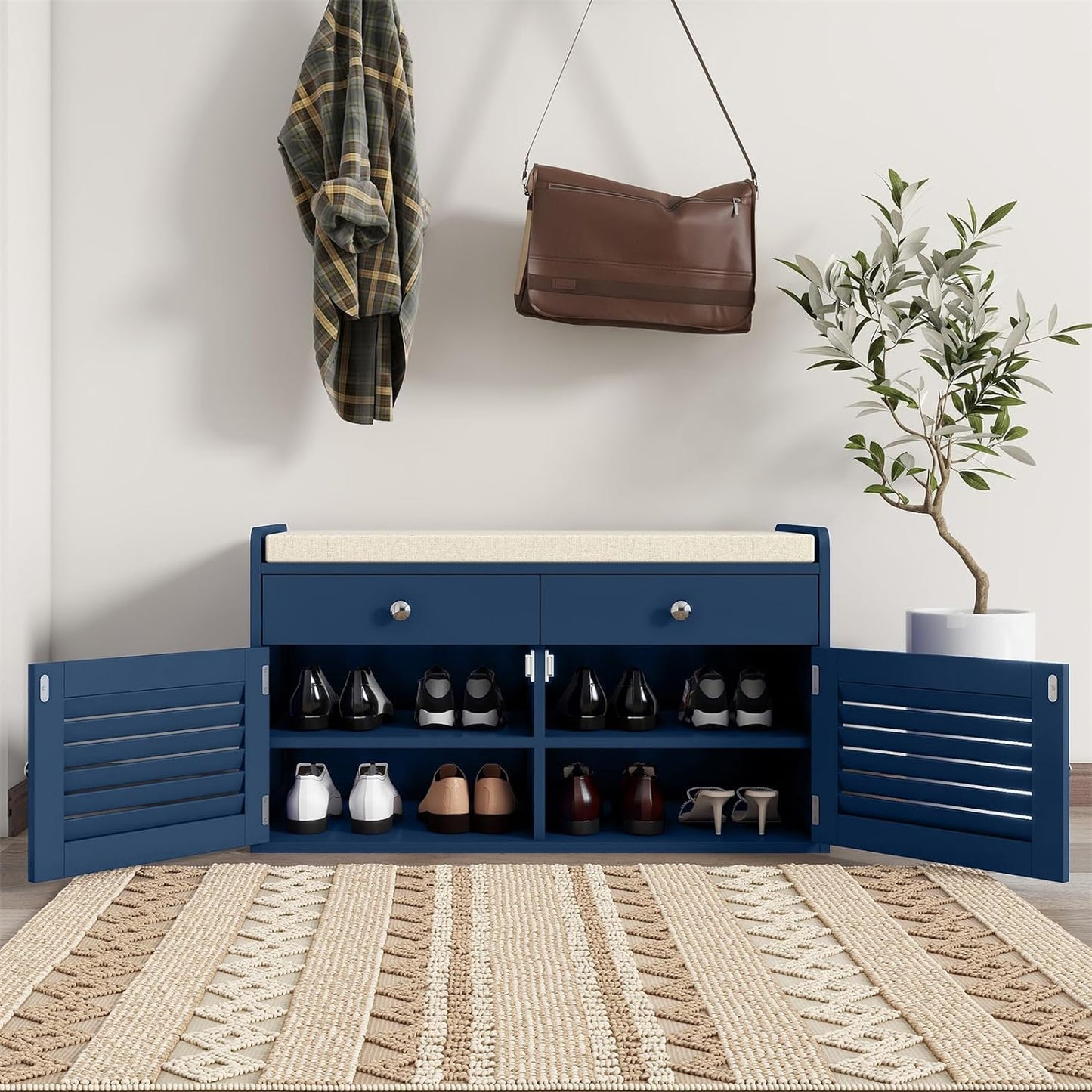 Shoe Storage Bench with 2 Drawers & 2 Doors, Entryway Bench with Cushion, 2 Adjustable Shelves, Shoe Cabinet for Entryway, Living Room, Hallway, Mudroom, Bedroom, Blue