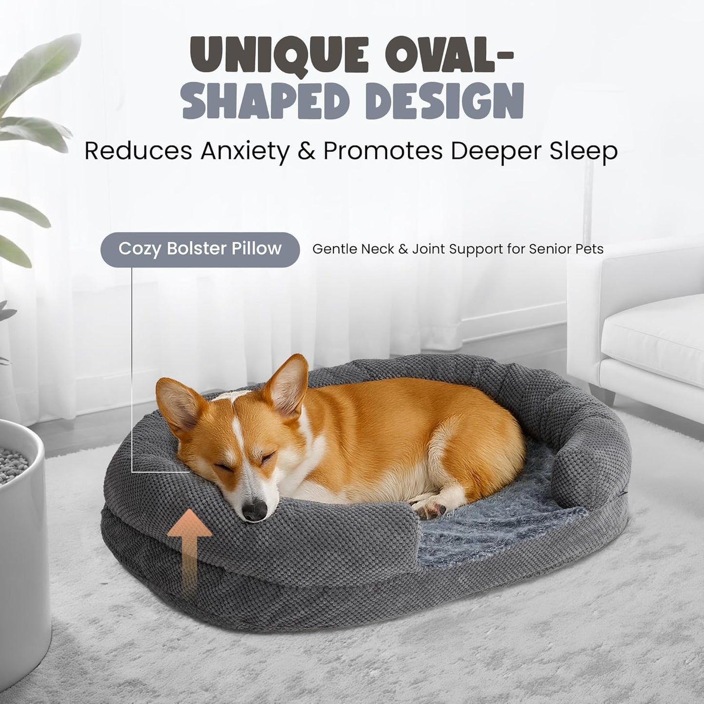 Orthopedic Dog Bed for Medium Dogs, 35" Oval Couch Bed with Sides and Soft Egg Crate Foam, Calming Washable Pet Bed with Anti-Slip Bottom, Durable Cuddler for Sleeping, Grey (35")
