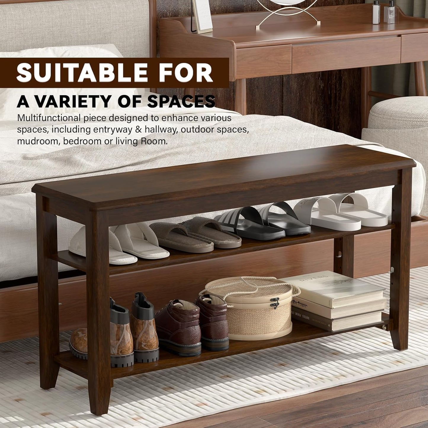 Shoe Bench Storage Rubberwood with Leather Cushion for Entryway Bench Ideal for Hallways Shoe Rack Front Doors Entrances Mudrooms Featuring 3 Height-Adjustable and Removable Shelves