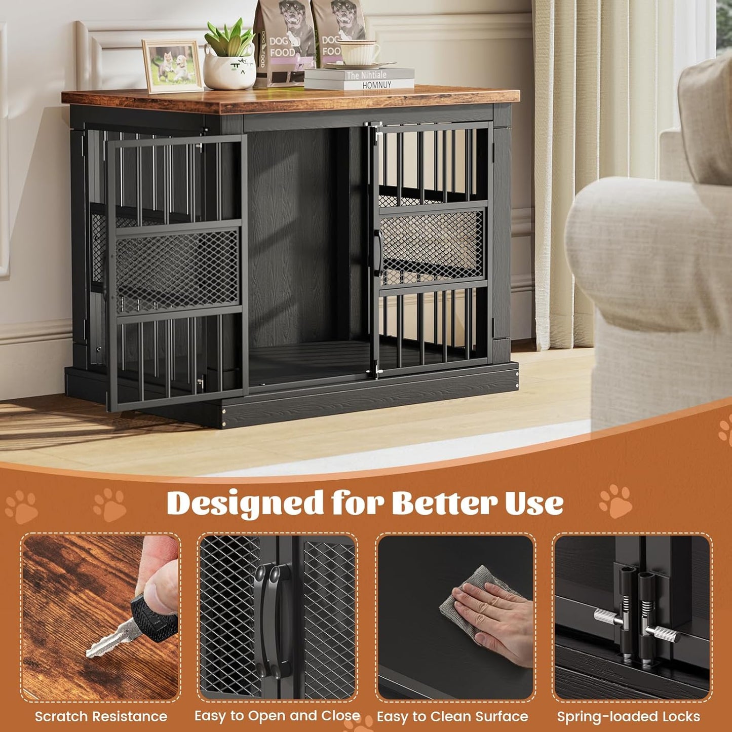 VOPEAK 27.5" Dog Crate Furniture, Chew Resistant Dog Crate for Small Dogs Puppy, Heavy Duty Dog Crates Dog Kennel Cage Indoor with Double Doors, Wooden End Table for Bedroom Living Room, Black