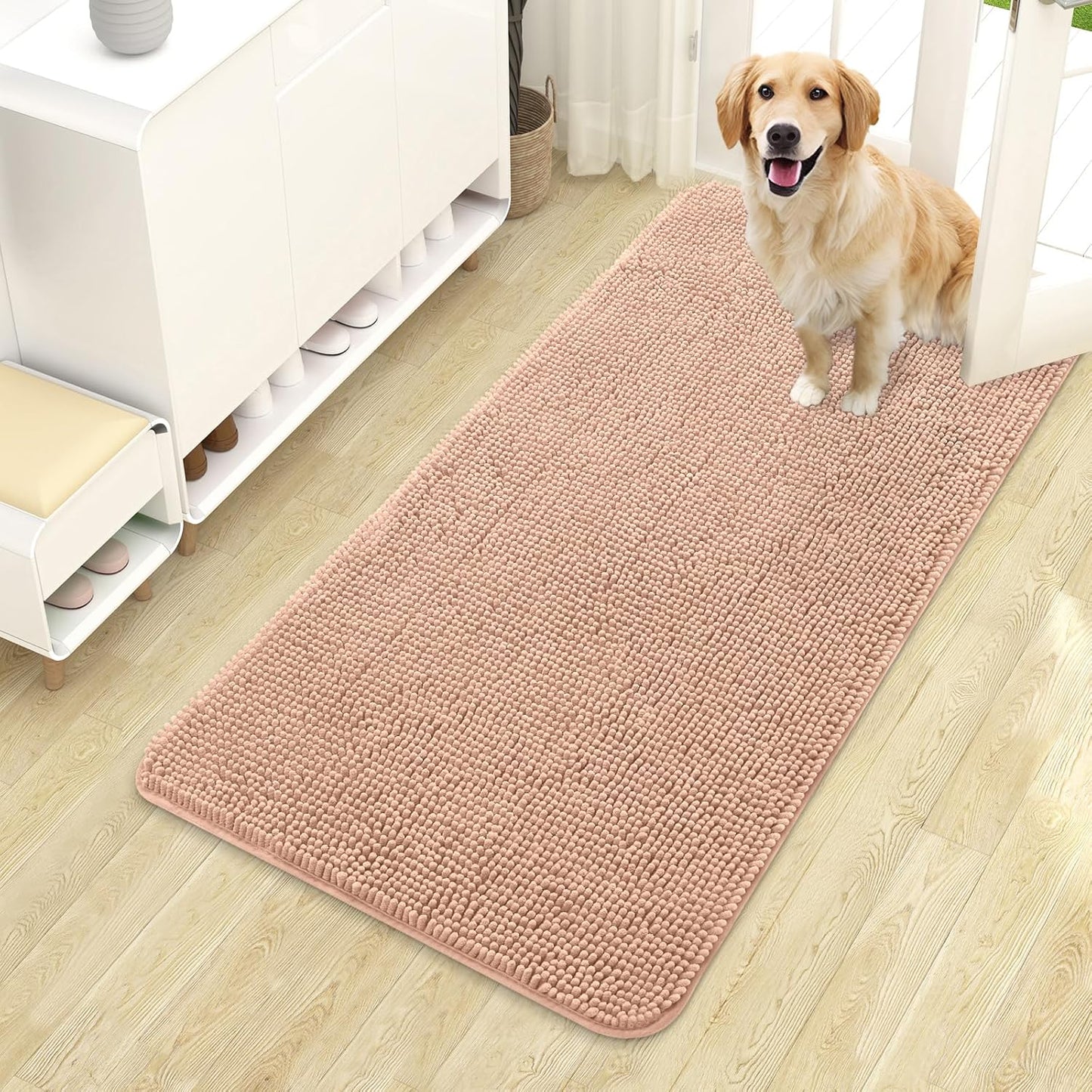 OLANLY Dog Door Mat for Muddy Paws 44x24, Absorbs Moisture and Dirt, Absorbent Non-Slip Washable Doormat, Quick Dry Chenille Mud Mat for Dogs, Entry Indoor Entryway Carpet for Inside Floor, Peach