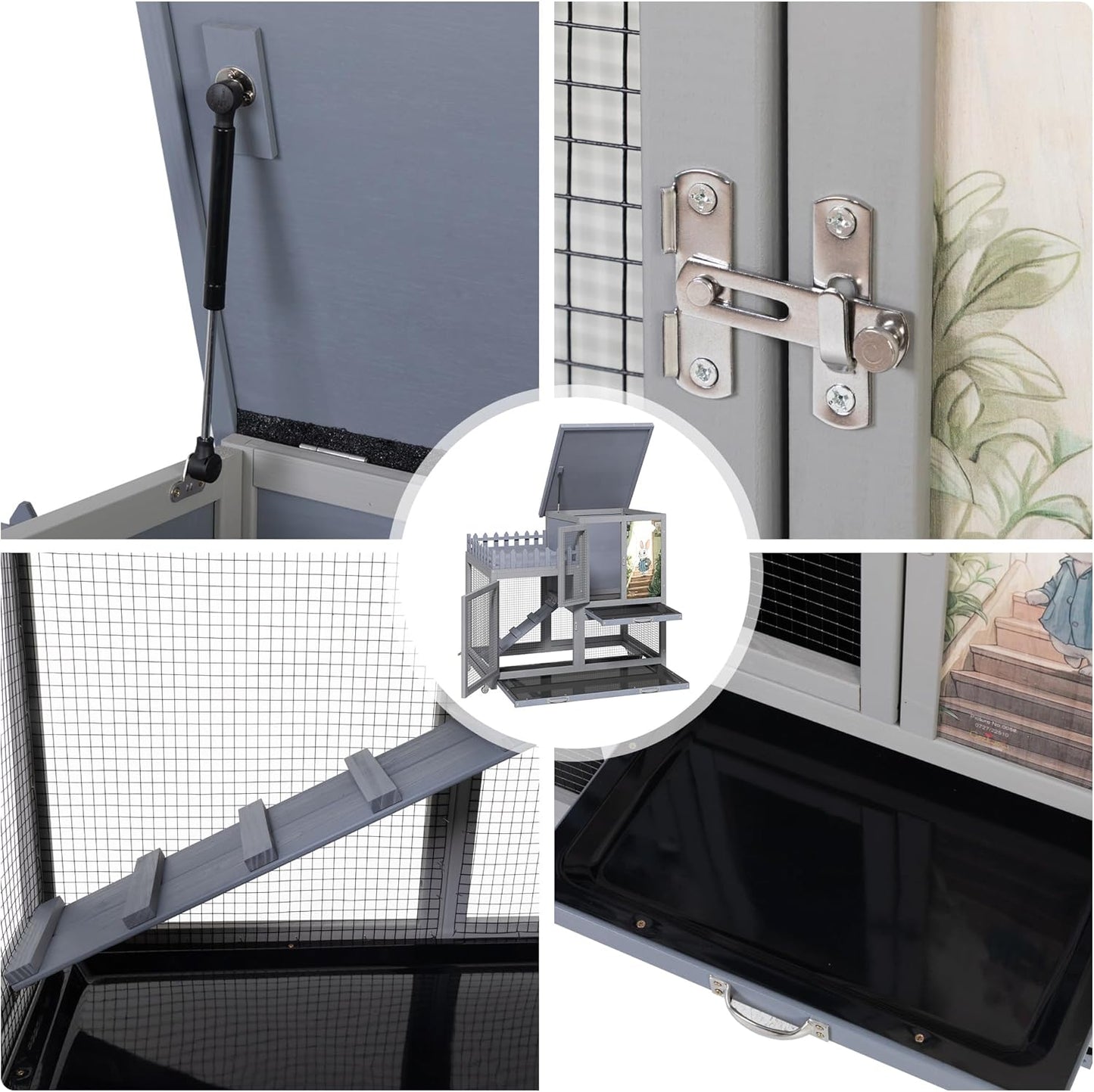 Wood Rabbit Hutch with Balcony - Small Animal House Bunny Cage on Wheels for Indoor Outdoor, Rabbit Cage Included Ramp, Pull Out Tray, (Grey with Pattern)
