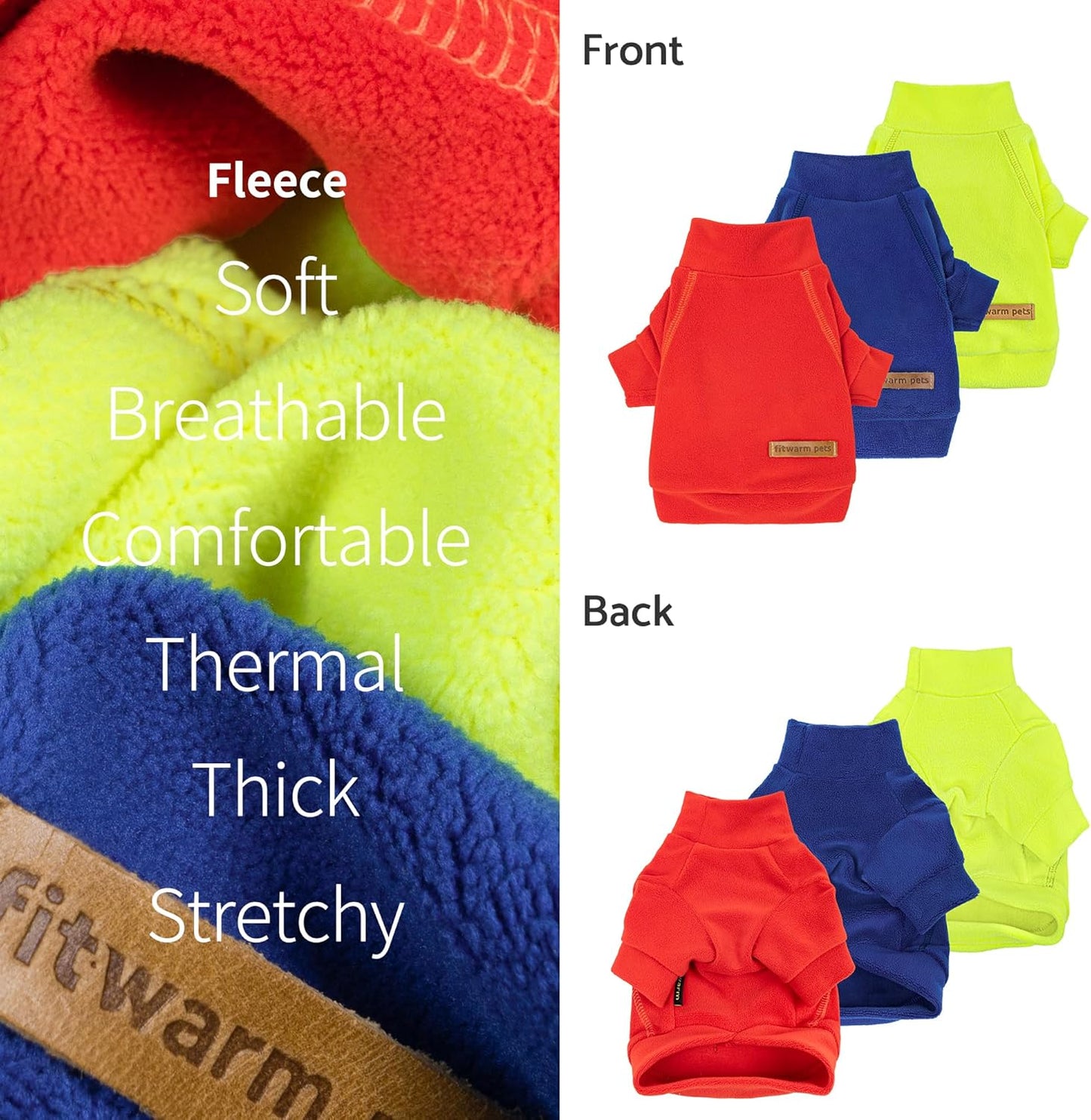 Fitwarm 3 Pack Classic Fleece Dog Sweater, Winter Clothes for Small Dogs Boy Girl, Turtleneck Dog Sweatshirt, Pet Apparel, Orange Red, Royal Blue, Neon Yellow, Small
