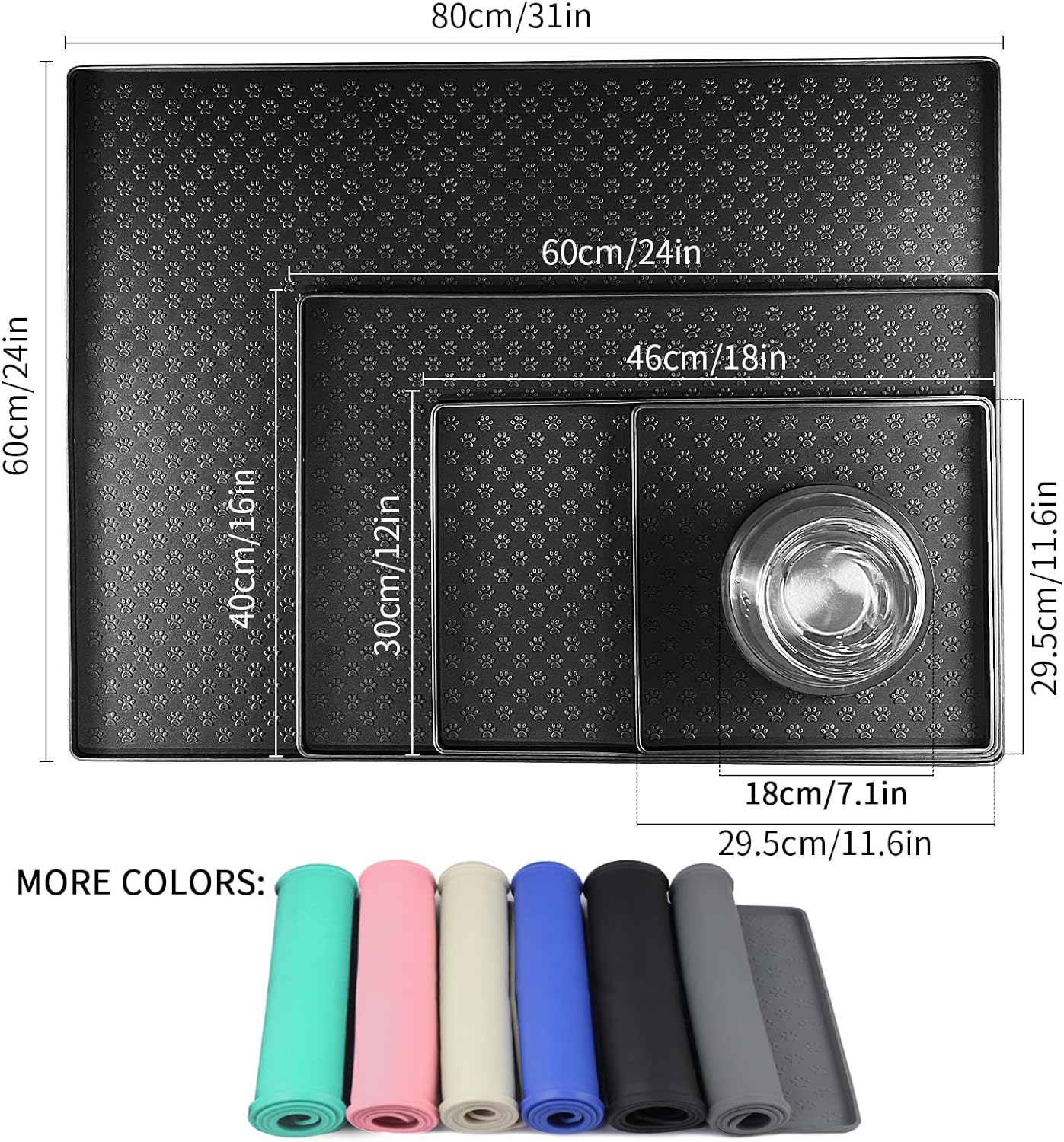 Ptlom Pet Placemat for Dog and Cat, Mat for Prevent Food and Water Overflow, Suitable for Small, Medium and Big Pet, 18" 12", Black, Silicone