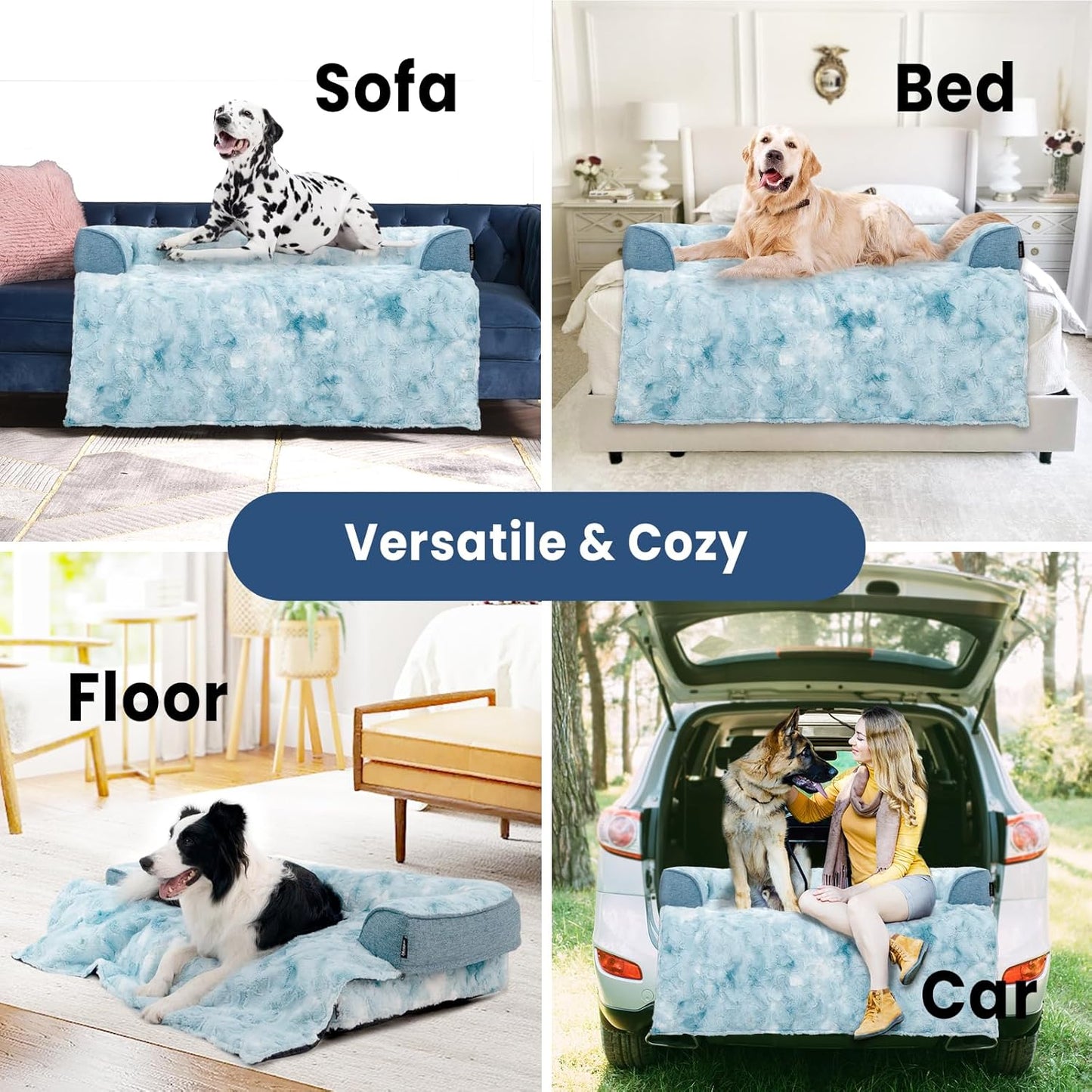 Calming Dog Couch Bed for Large Dogs, 41 x 37 inch Waterproof Removable Pet Mat Couch Cover for Furniture Protector, Non-Slip Fluffy Pelsbarn Dog Bed for Couch, Sofa, Outdoor - Tie-Dye Blue
