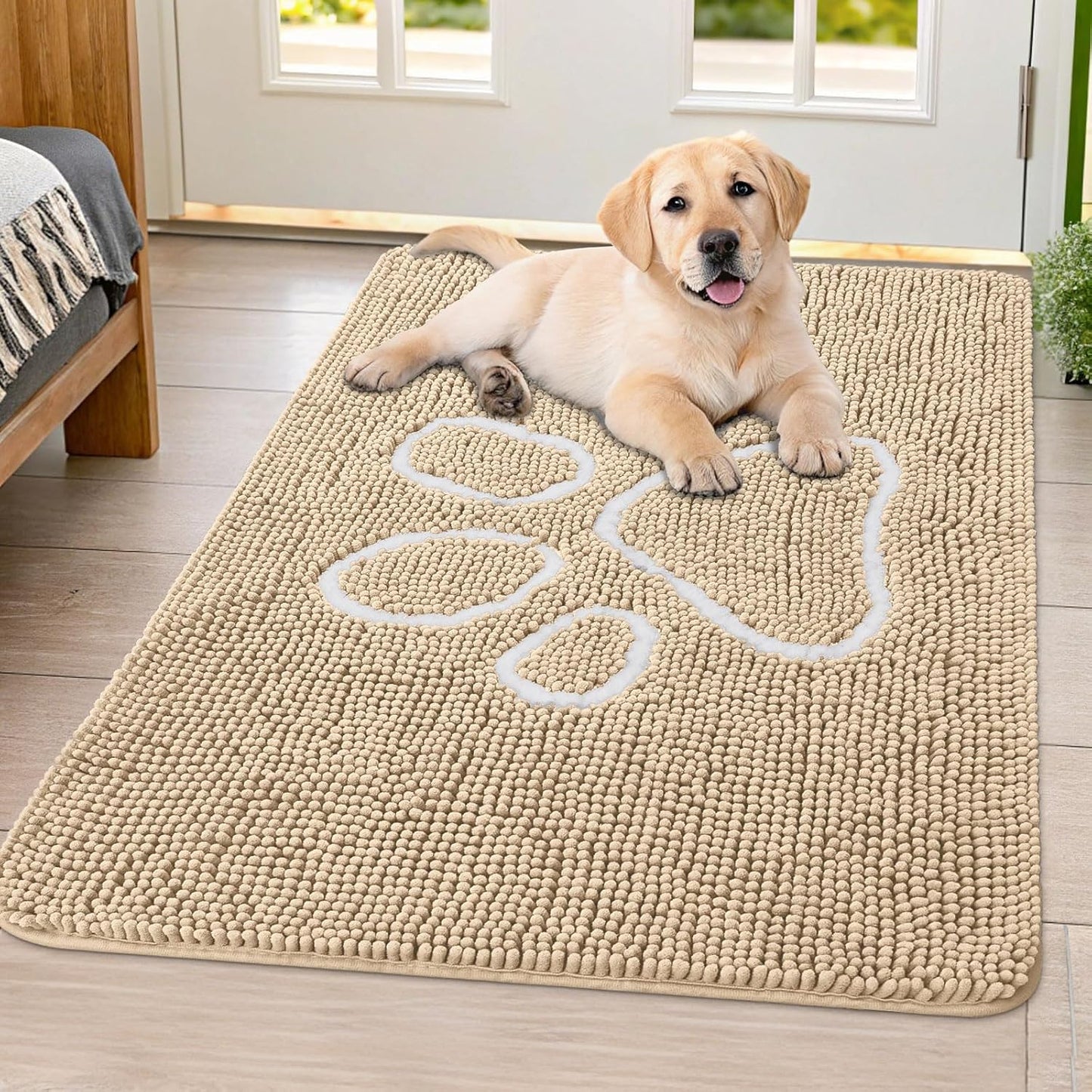 Smiry Dog Door Mat for Muddy Paws, Absorbent Dirt Trapper Non Slip Quick Dry Washable Chenille Mat for Mud Dogs, Entry Rug for Indoor and Outdoor (40x32 Inches, Beige)