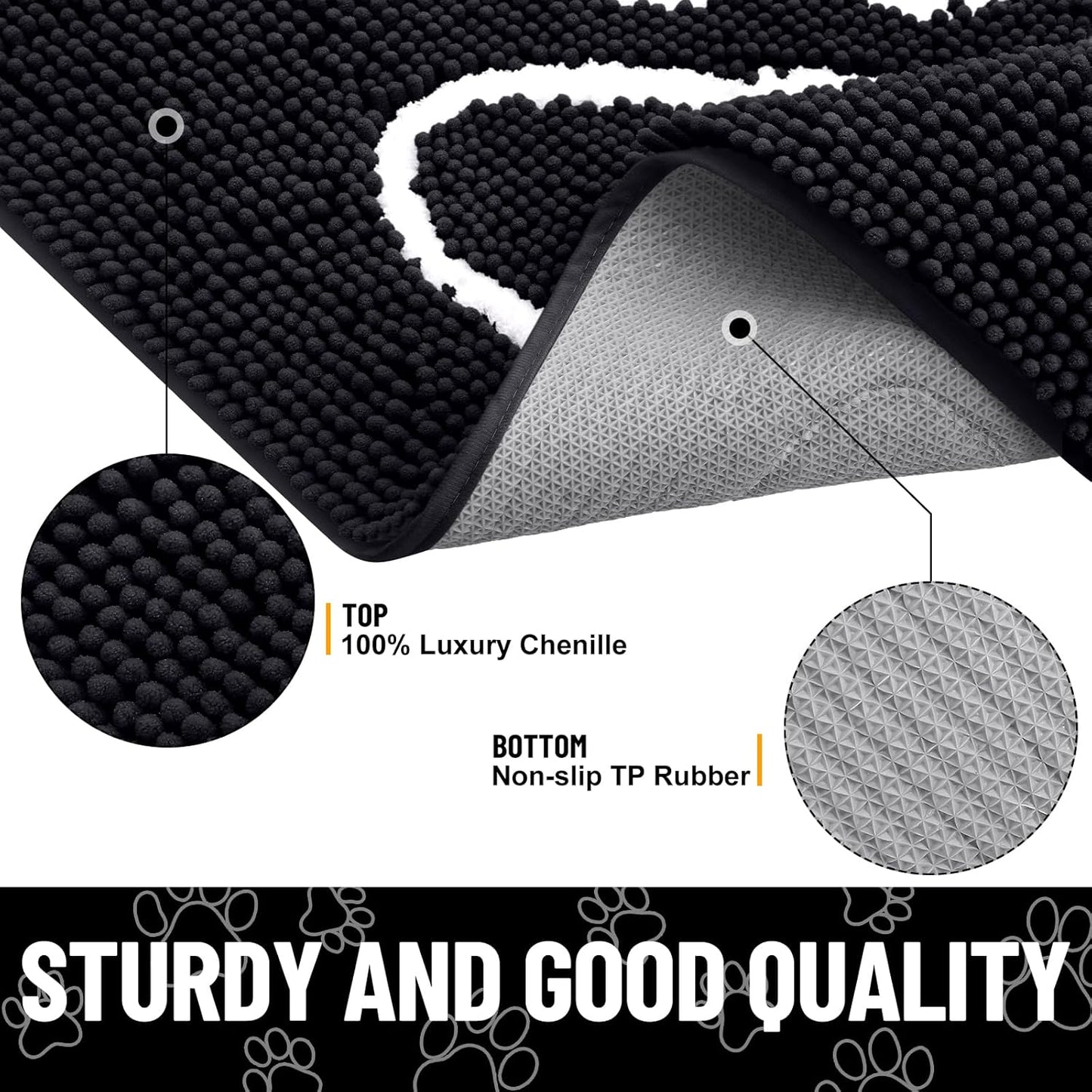 Smiry Dog Door Mat for Muddy Paws, Absorbent Dirt Trapper Non Slip Quick Dry Washable Chenille Mat for Mud Dogs, Entry Rug for Indoor and Outdoor (30x20 Inches, Black)