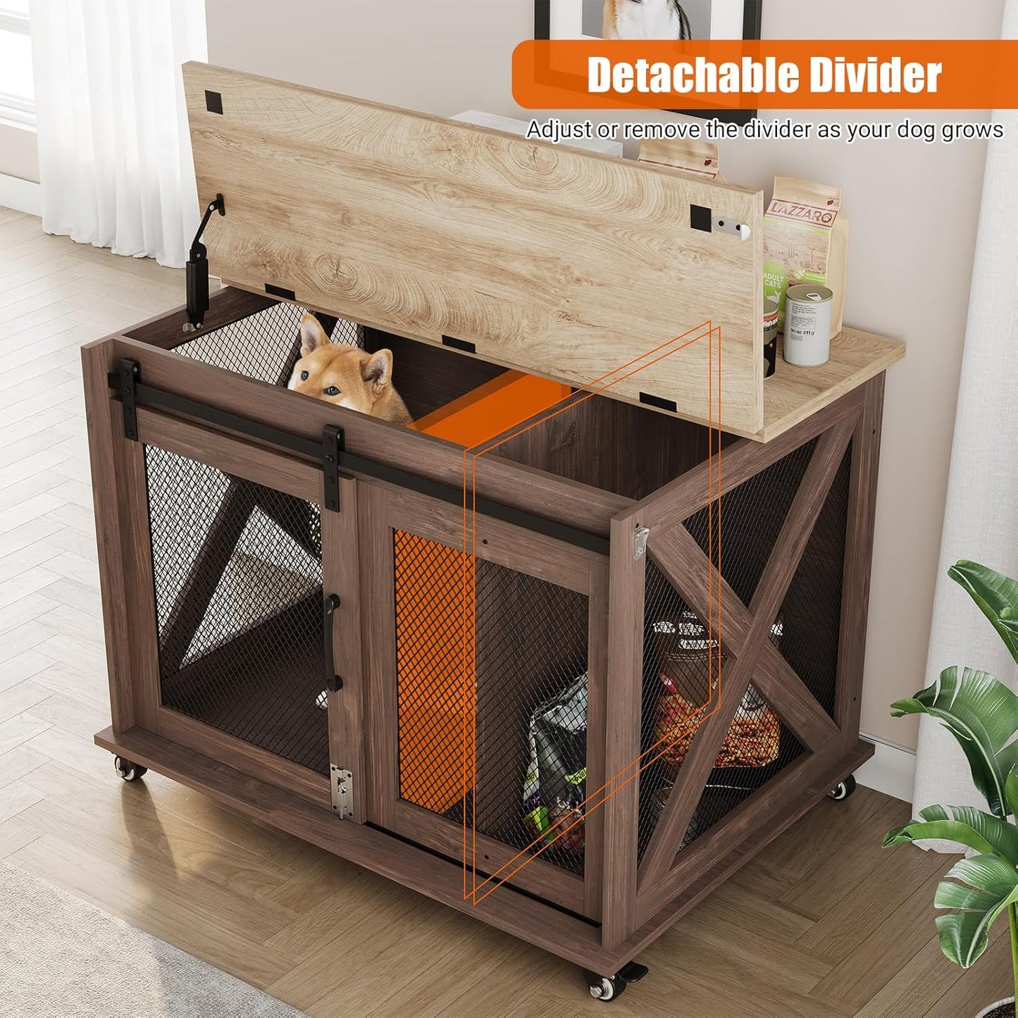 Dog Crate Furniture,37 Inch Indoor Dog Cage with Sliding Barn Door, Flip Top Dog Kennel End Table with Removable Divider, Farmhouse Wooden Pet House for Small to Middle Size Dogs